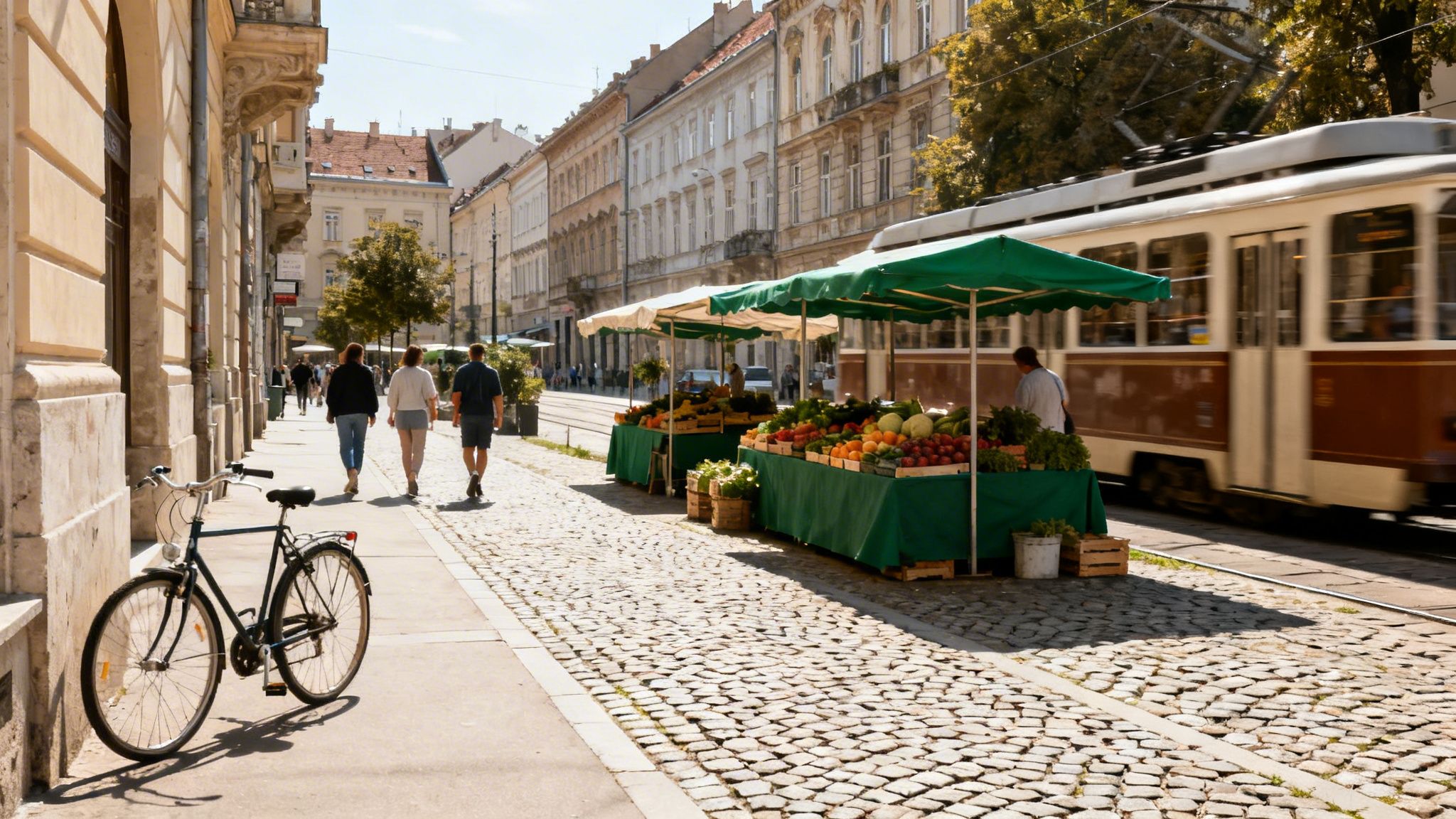 Croatia is Europe street market scene with people walking past fresh produce stalls as a tram passes through a lively city street.