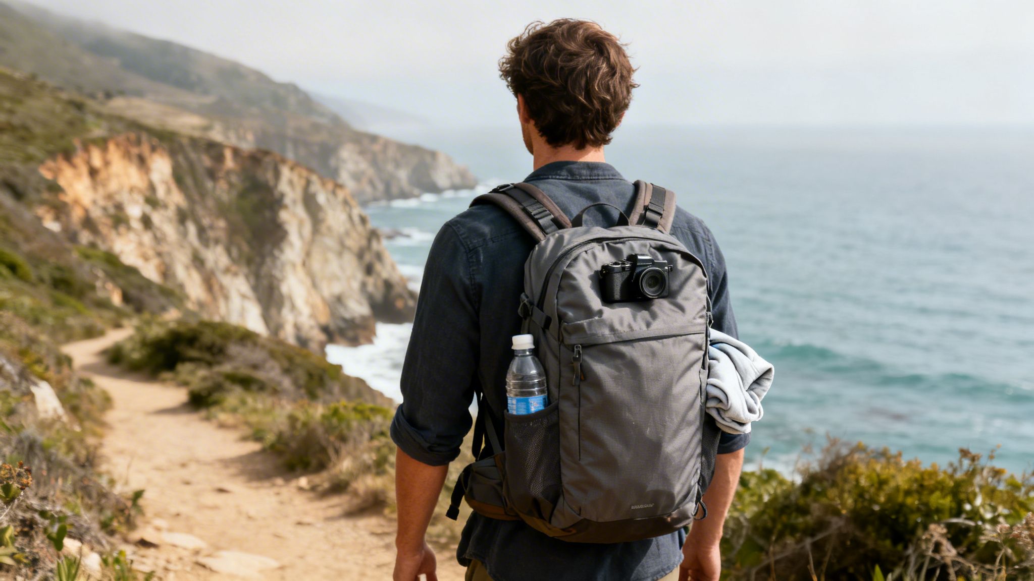 Best packable daypack worn by a hiker with a grey packable daypack and camera on a coastal trail overlooking the ocean.
