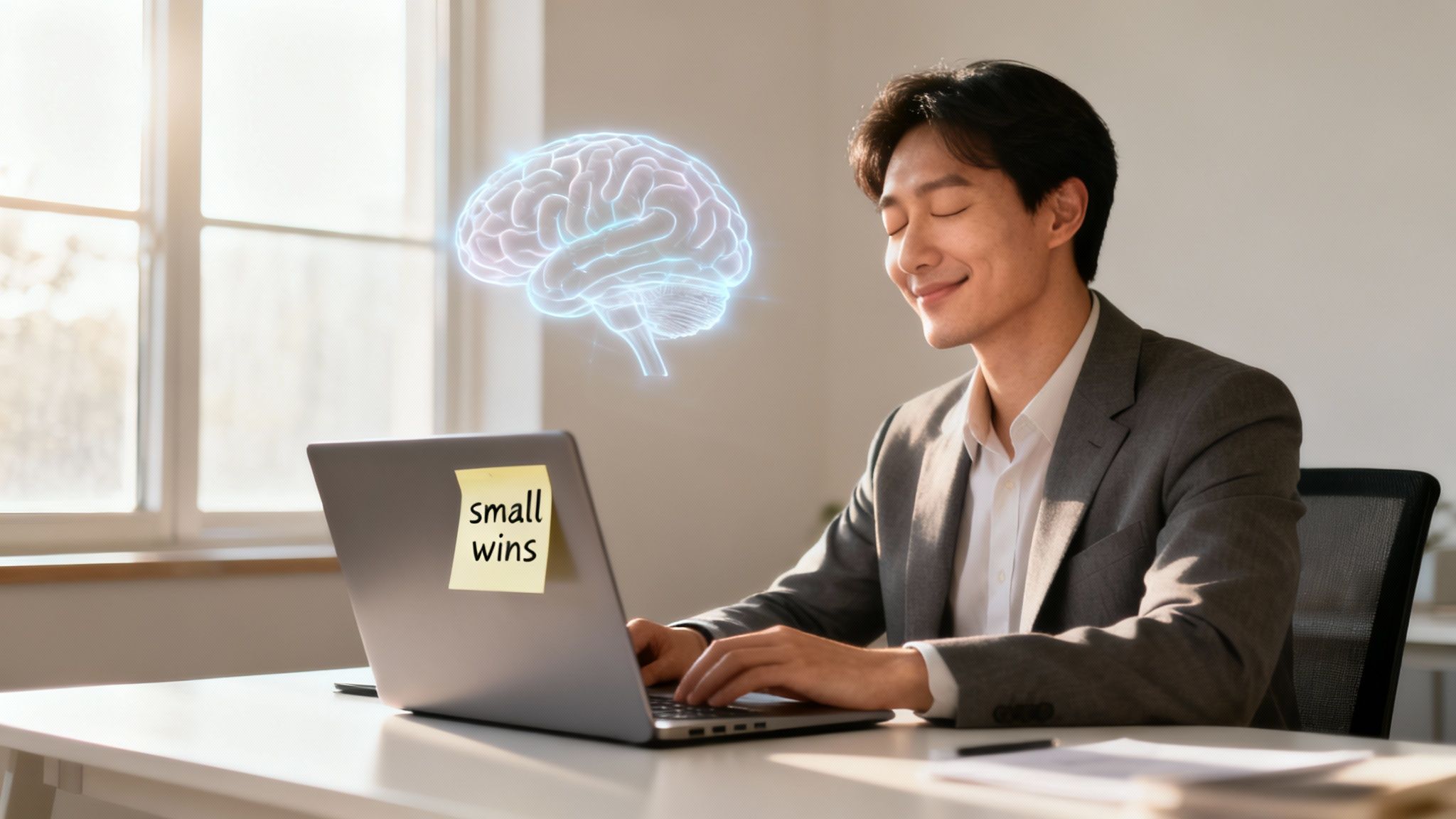Attitude of gratitude moment: smiling man at desk focused on laptop with a “small wins” sticky note and a subtle glowing brain illustration