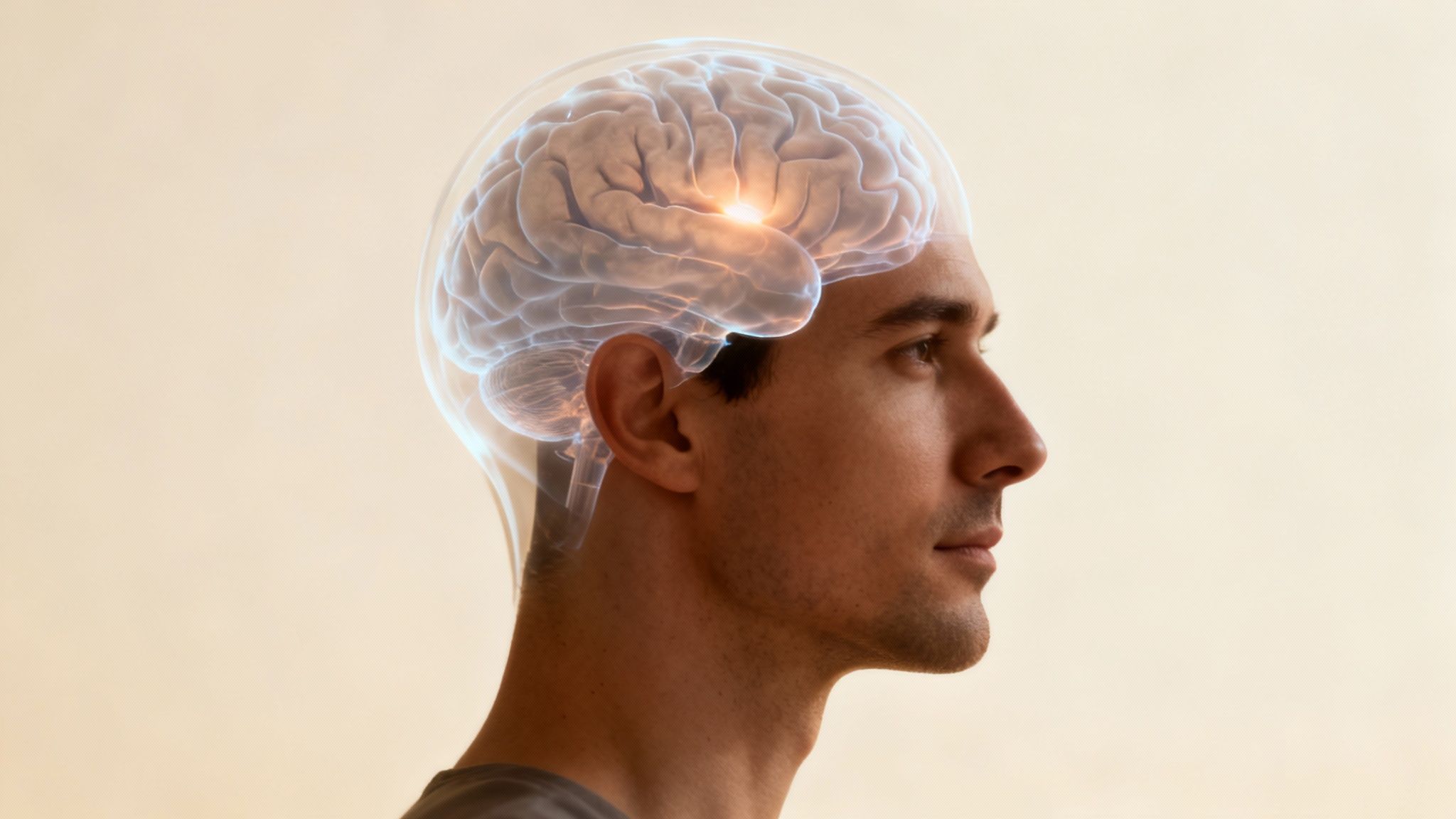 Side profile of a man with an illuminated transparent brain showing cognitive activity, illustrating the brain science of blank mind syndrome.