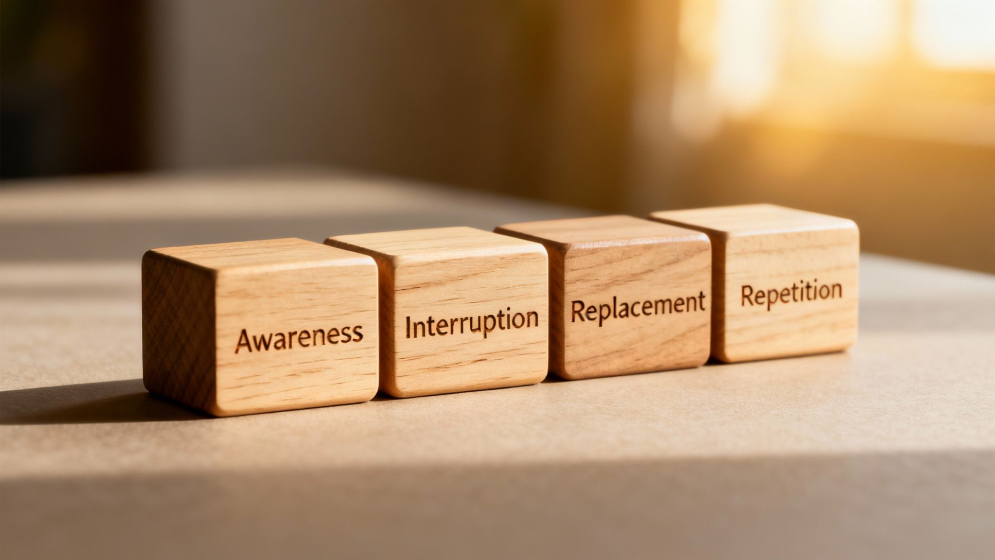 A row of wooden blocks showing the Limbic System Retraining cycle: Awareness, Interruption, Replacement, Repetition.