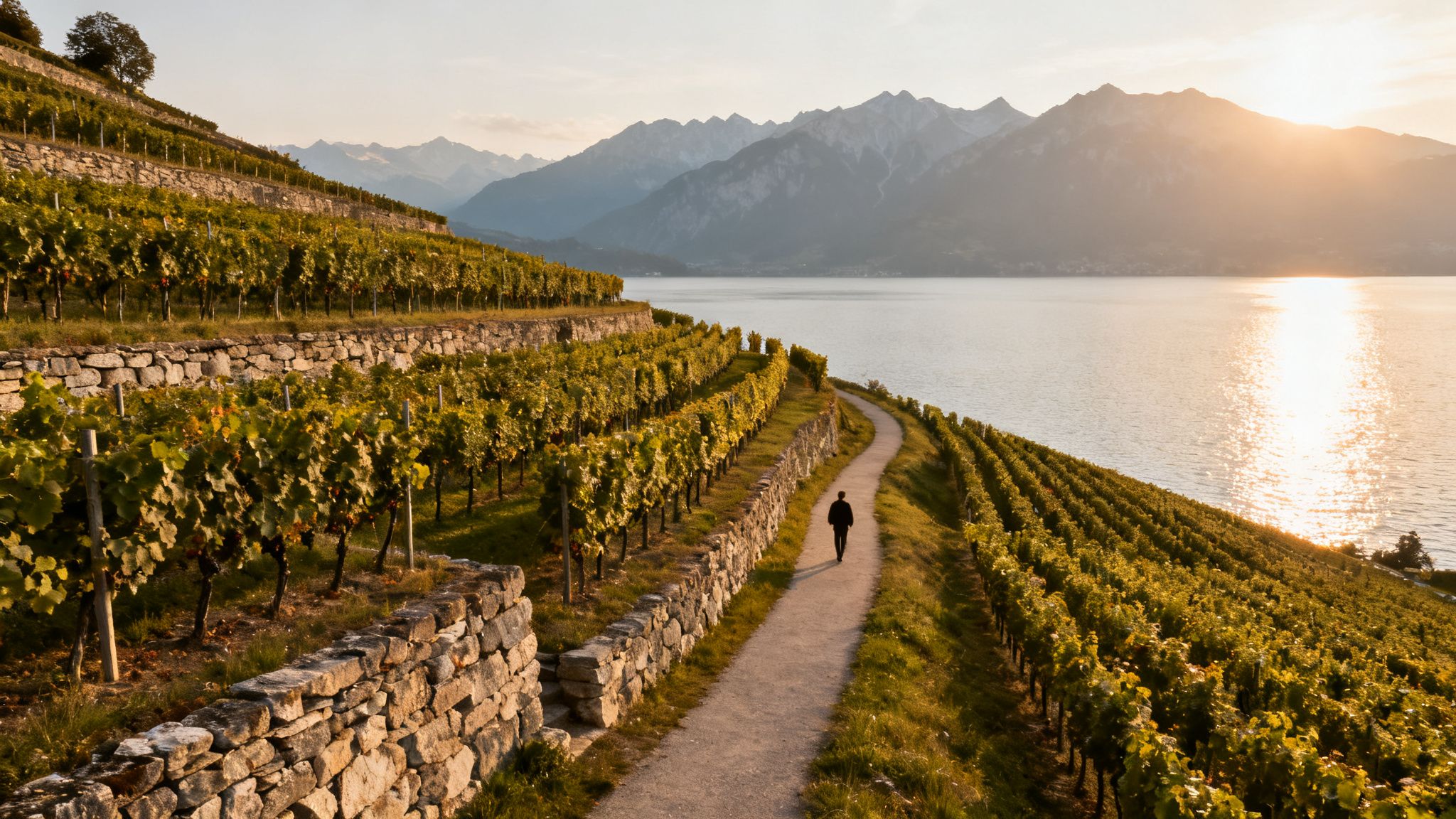 A person walks along a path through terraced vineyards overlooking a lake and mountains at sunset, one of the best places to visit in Switzerland.