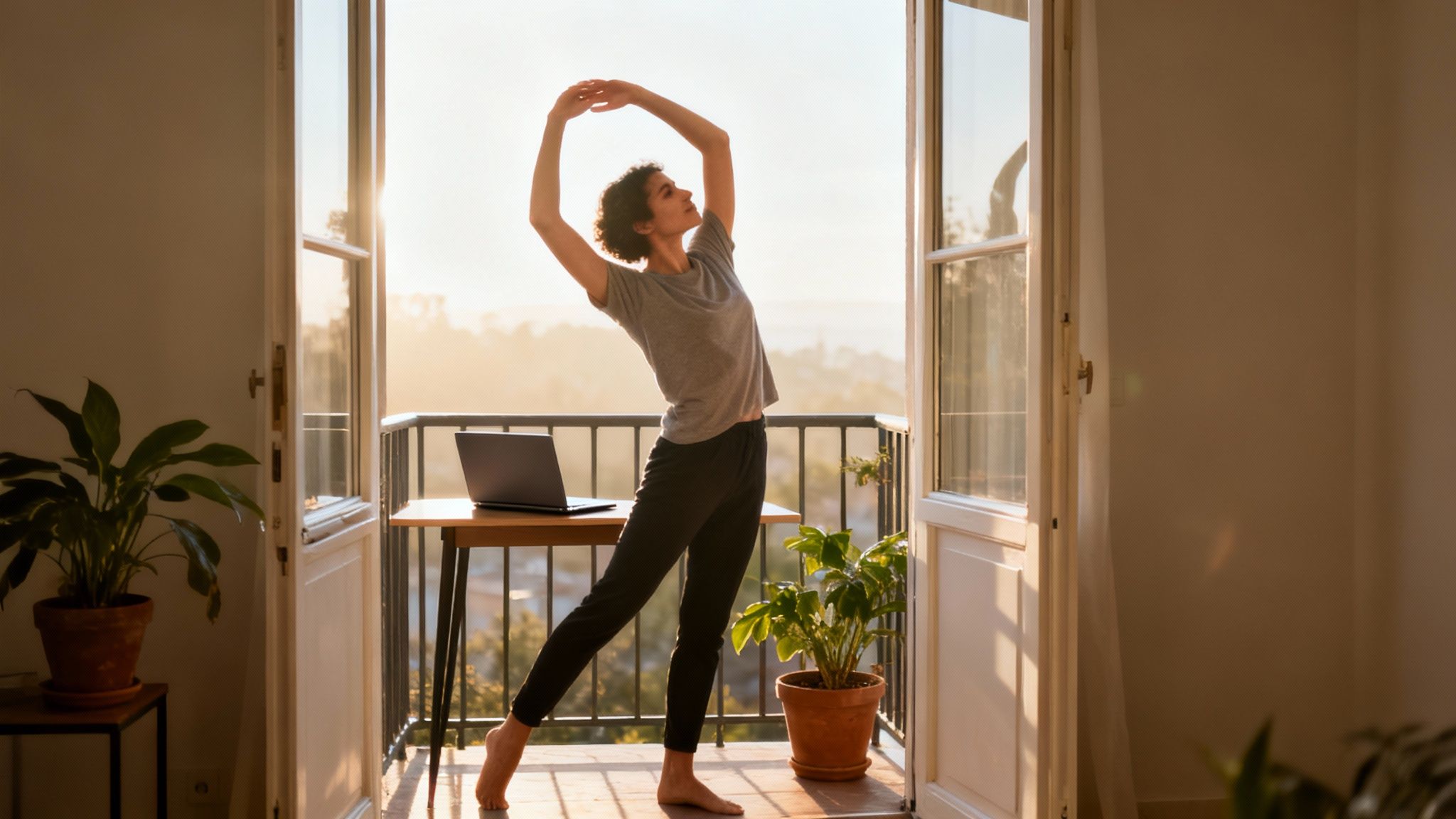 Taking a stretch break on a balcony demonstrates one of the most important remote work best practices for well-being.