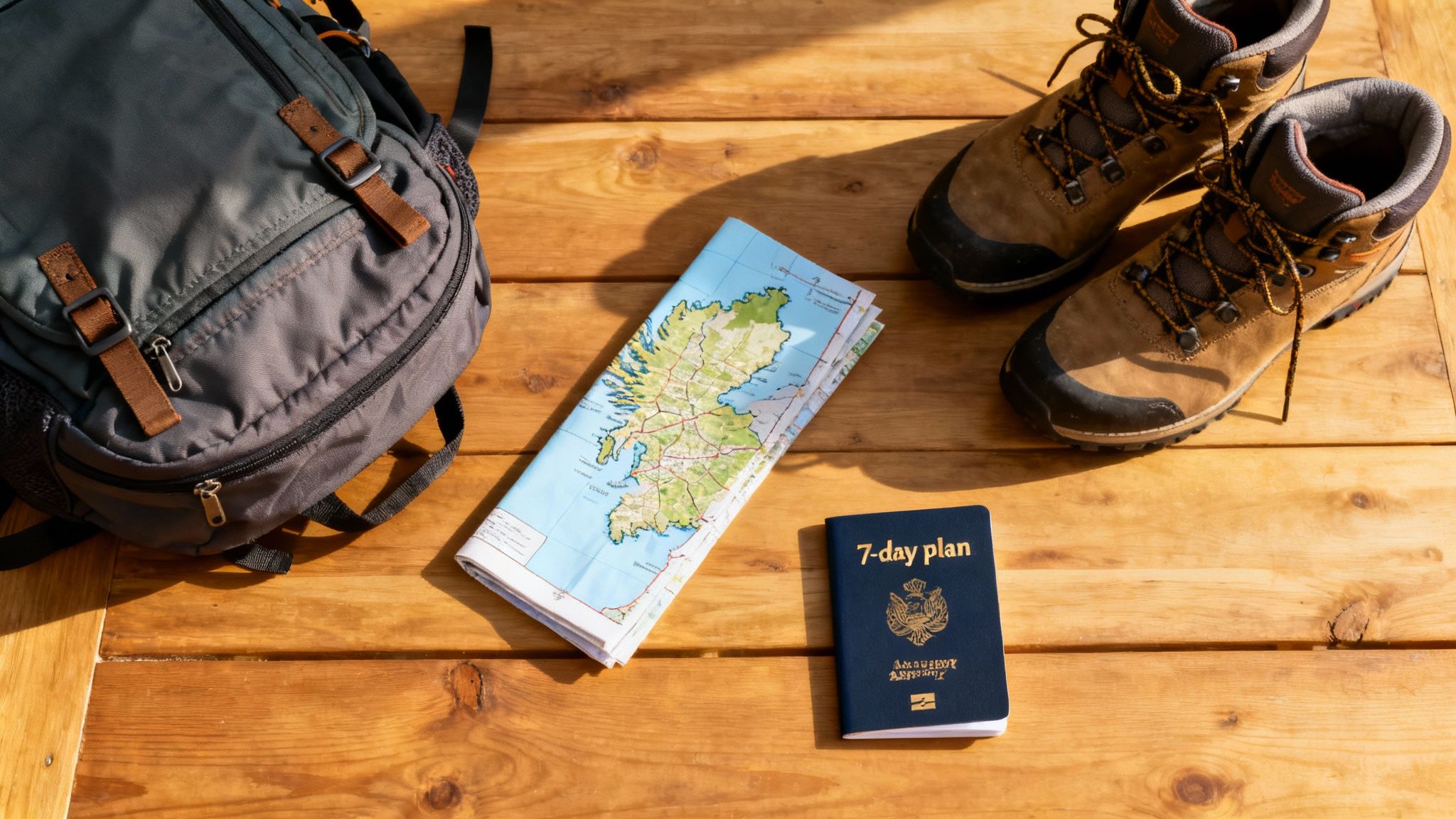 Scotland trip cost planning flat lay with a backpack, map of Scotland, 7-day itinerary, and hiking boots on a wooden surface.