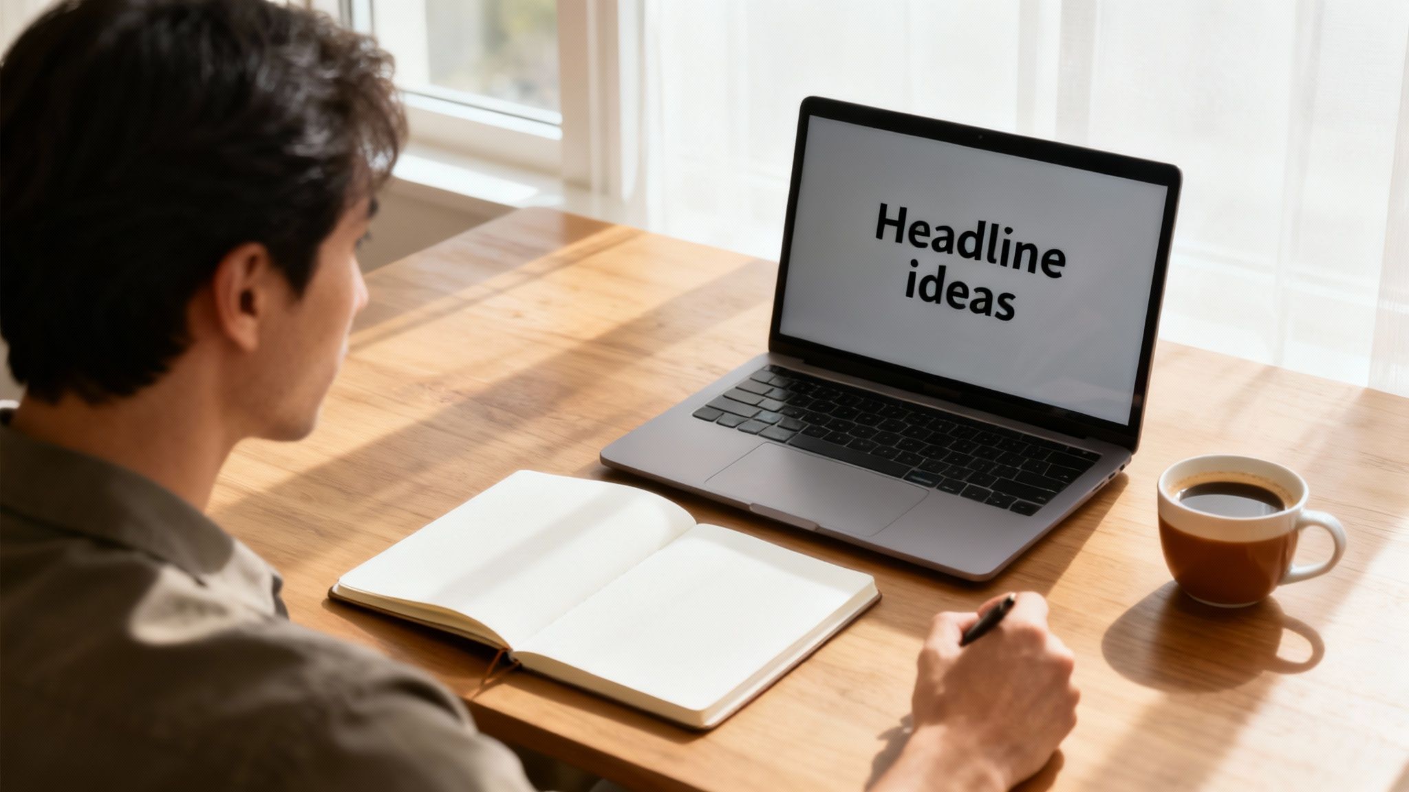 How to use AI for writing: a person brainstorming headline ideas on a laptop while writing notes in a notebook at a sunny desk.