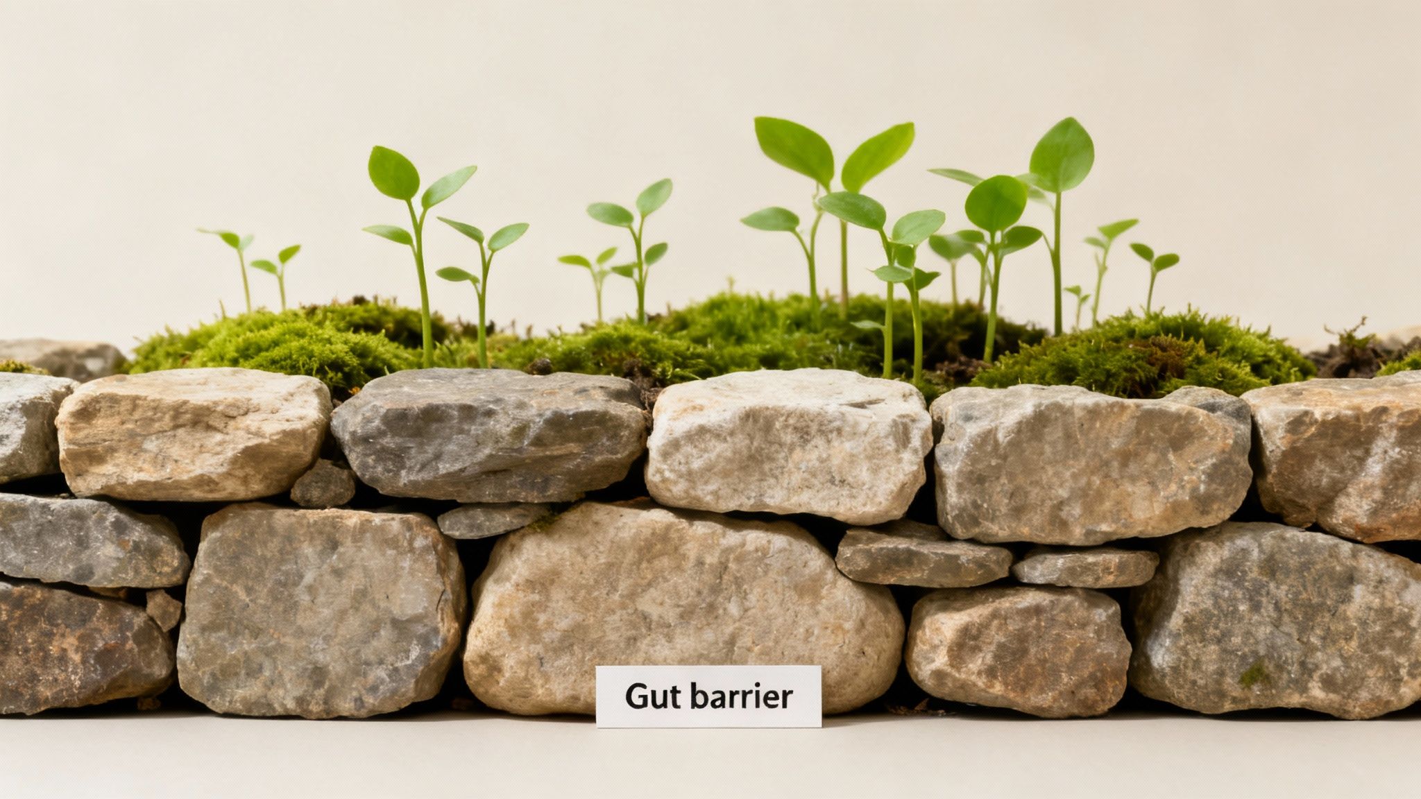 Sodium butyrate benefits illustrated by a stone wall with moss and vibrant green sprouts growing above it, next to a “Gut barrier” sign.