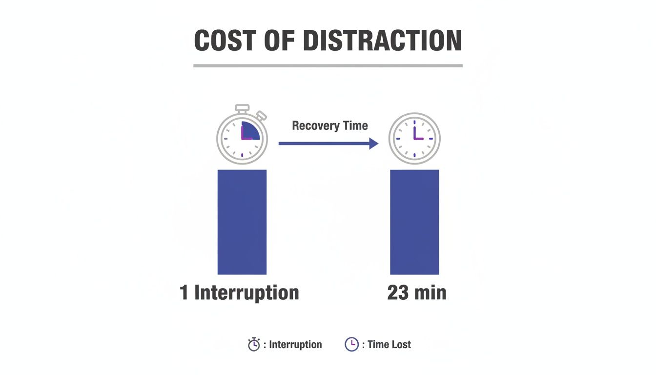A diagram showing one interruption leads to 23 minutes of recovery time, illustrating the cost of distraction which is a key part of learning how to improve focus at work.