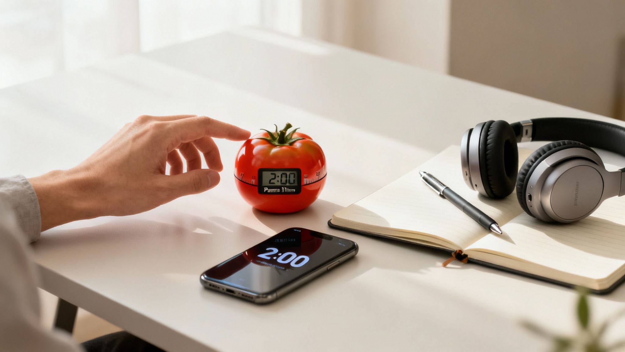 how to stop procrastinating: a person using a red tomato Pomodoro timer on a white desk with a smartphone, headphones, and a notebook nearby