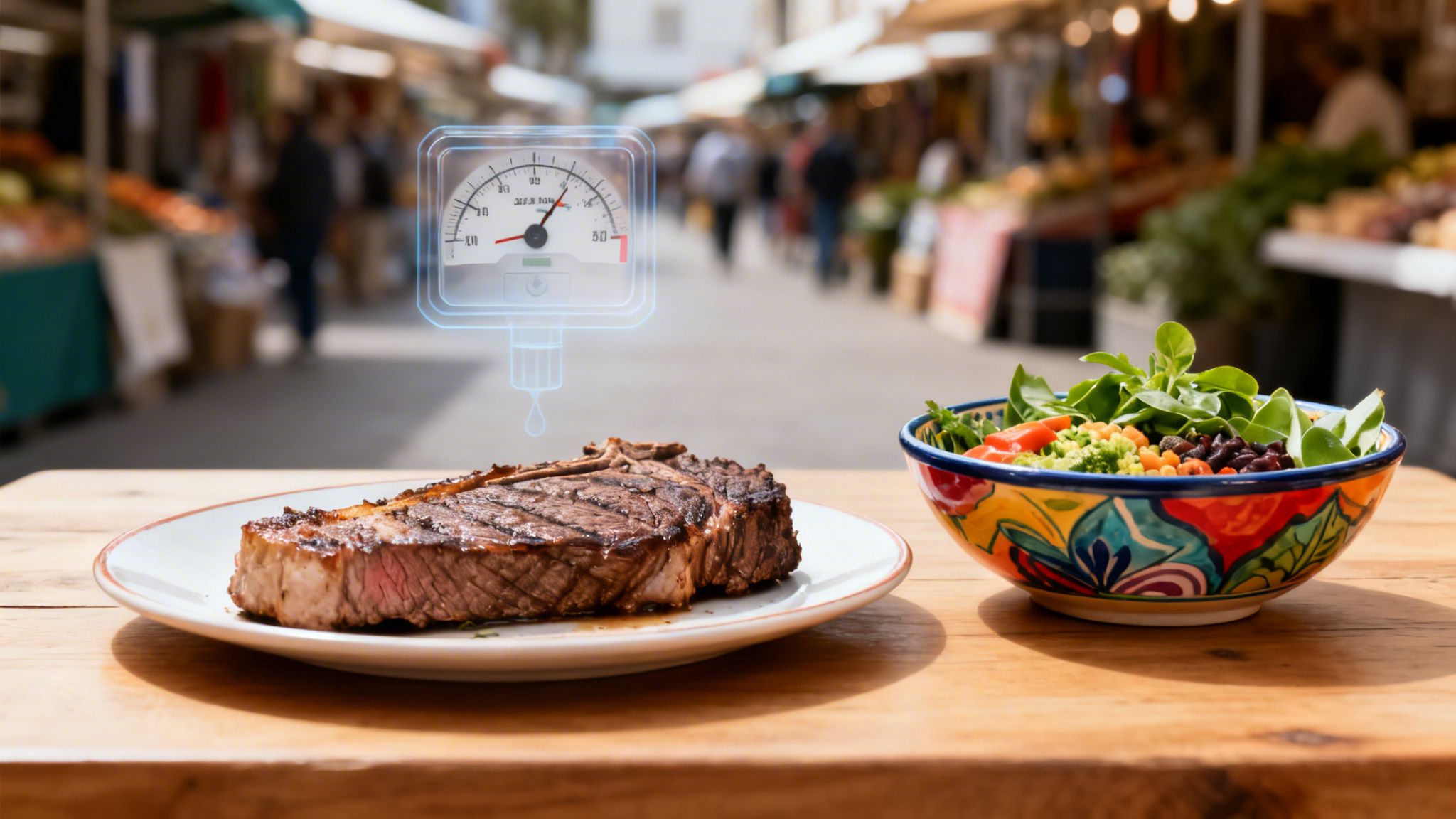 What is water waste shown by a grilled steak and fresh salad on a wooden table with a water waste meter in an outdoor market setting.