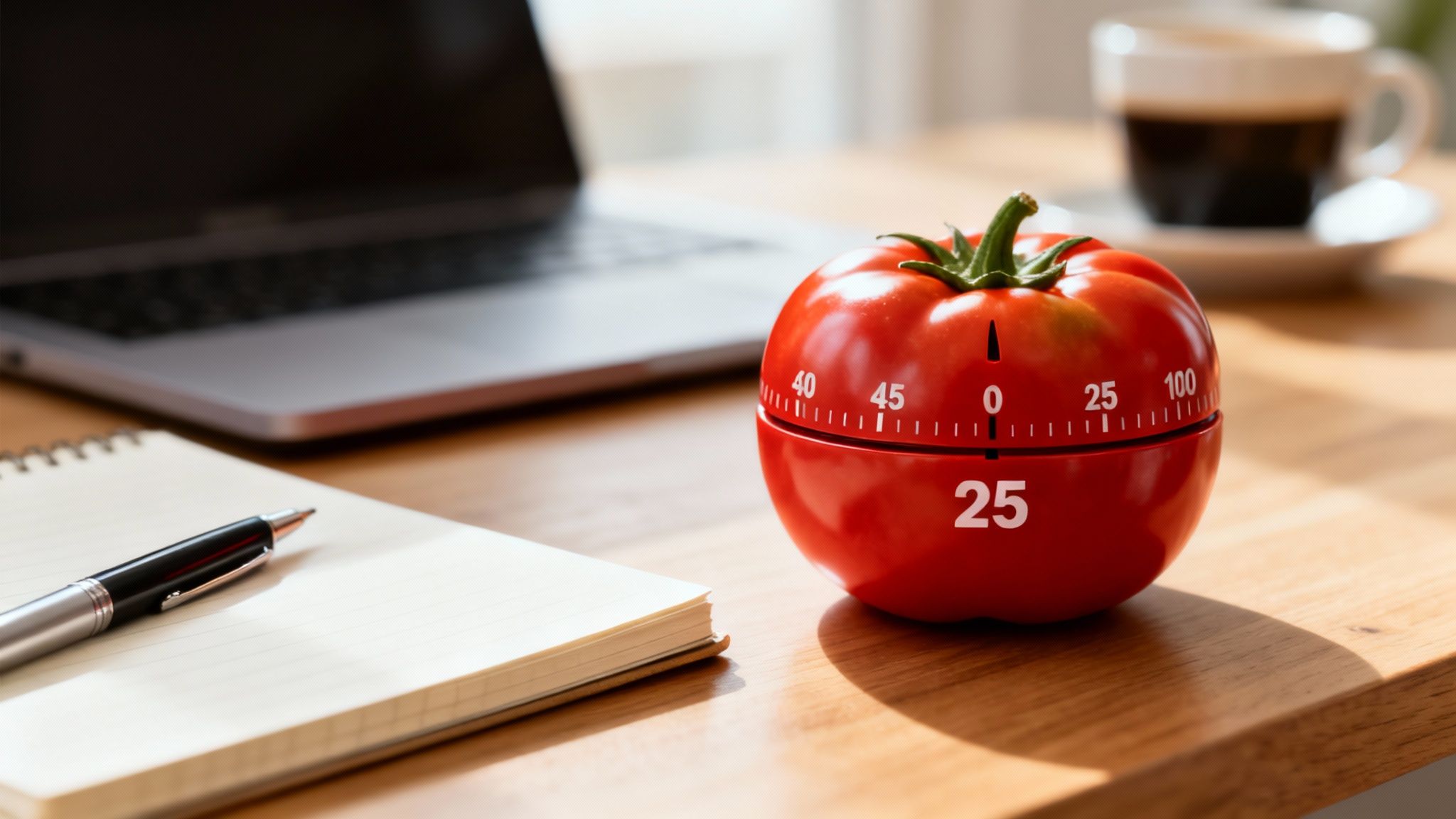 Remote work productivity tips: a red tomato-shaped timer set to 25 minutes on a desk with a laptop and notebook.
