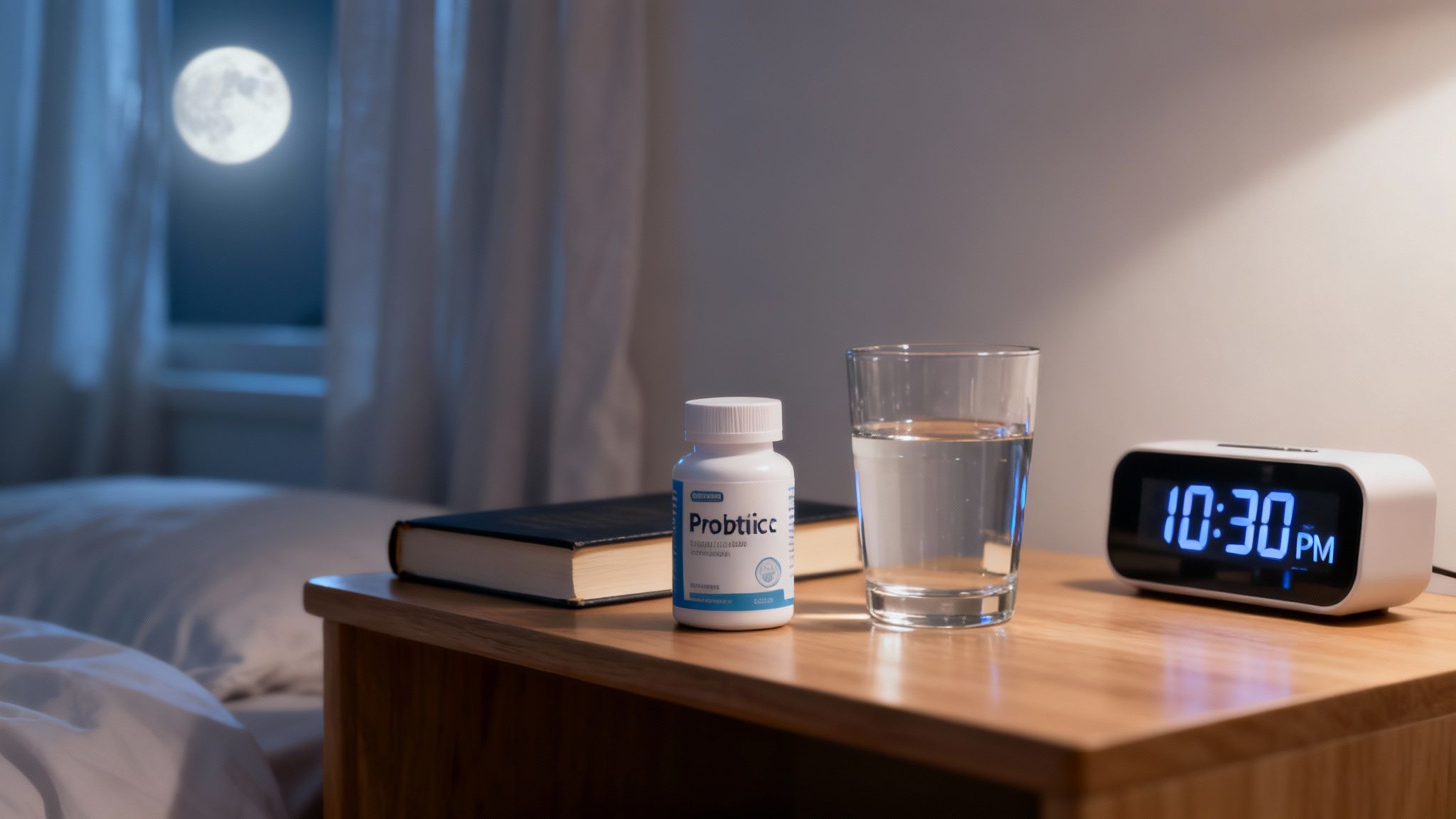 Can you take probiotics at night? A probiotic bottle and water sit on a bedside table beside a clock showing 10:30 PM, with a full moon visible outside.