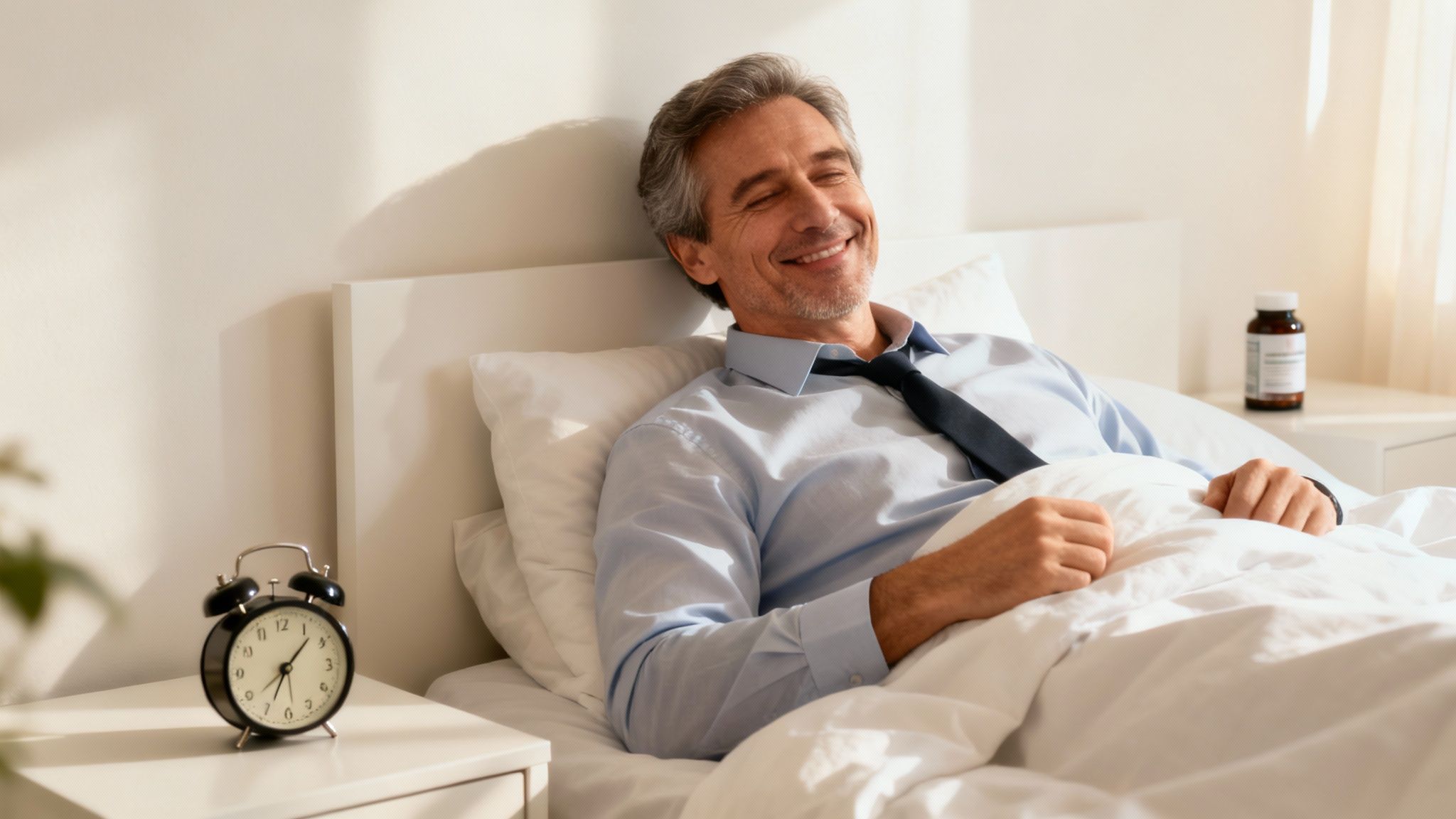 Happy grey-haired man in a shirt and tie relaxes in bed with a ProstaVive supplement pill bottle nearby, representing daily prostate support.