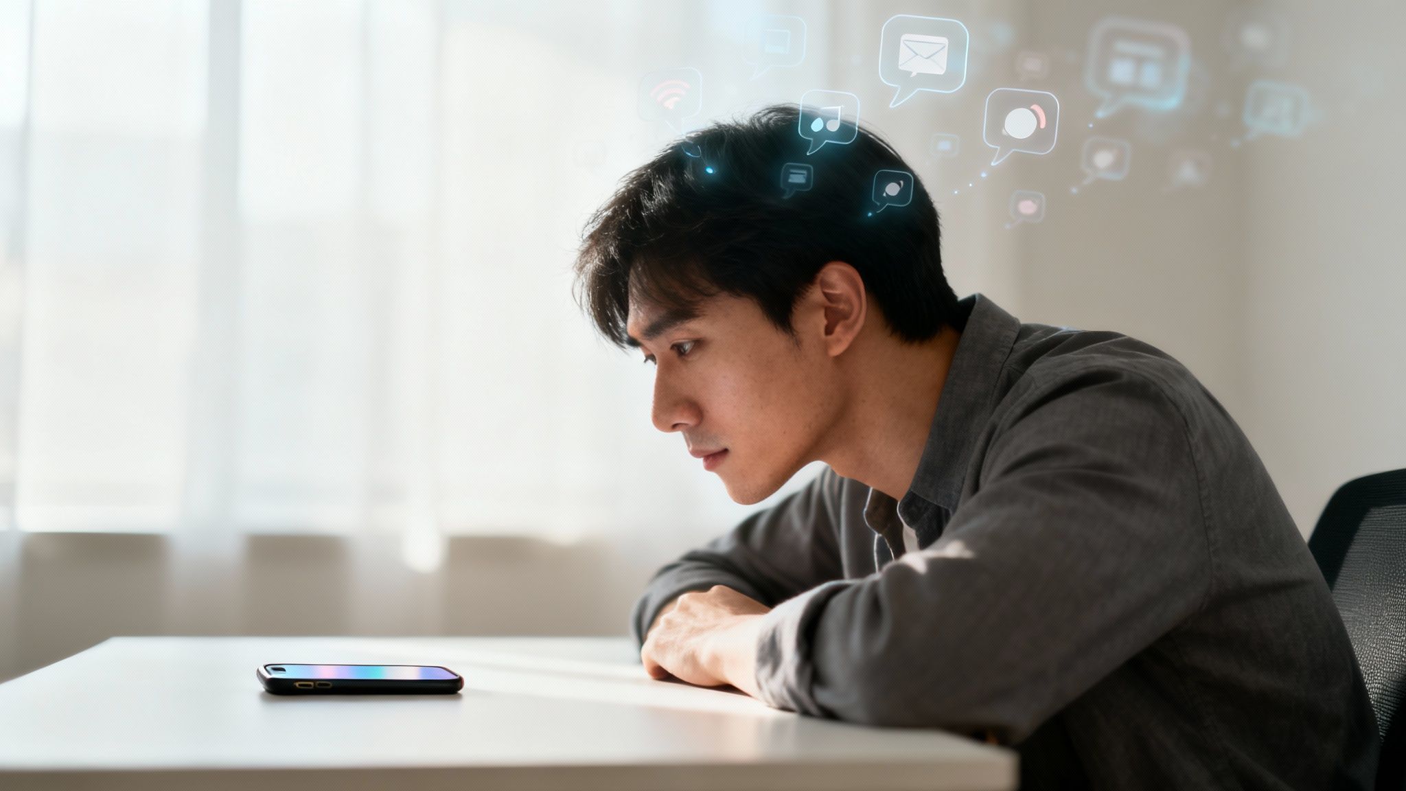 A young man struggling with how to be present while staring at his smartphone. Digital notification icons float above his head, symbolizing distraction.