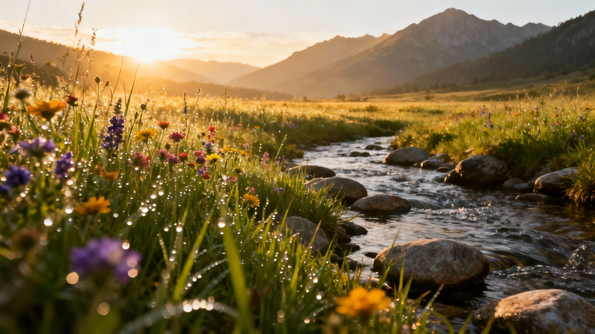 How to take notes for a book — a serene mountain meadow at sunrise with dew-kissed wildflowers bordering a gently flowing stream.