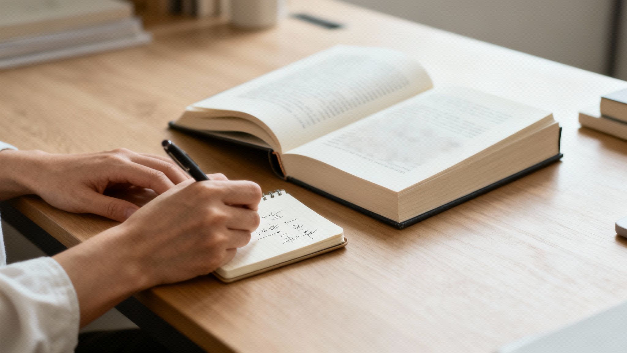 Close-up of hands taking notes from an open book on a wooden desk, studying.