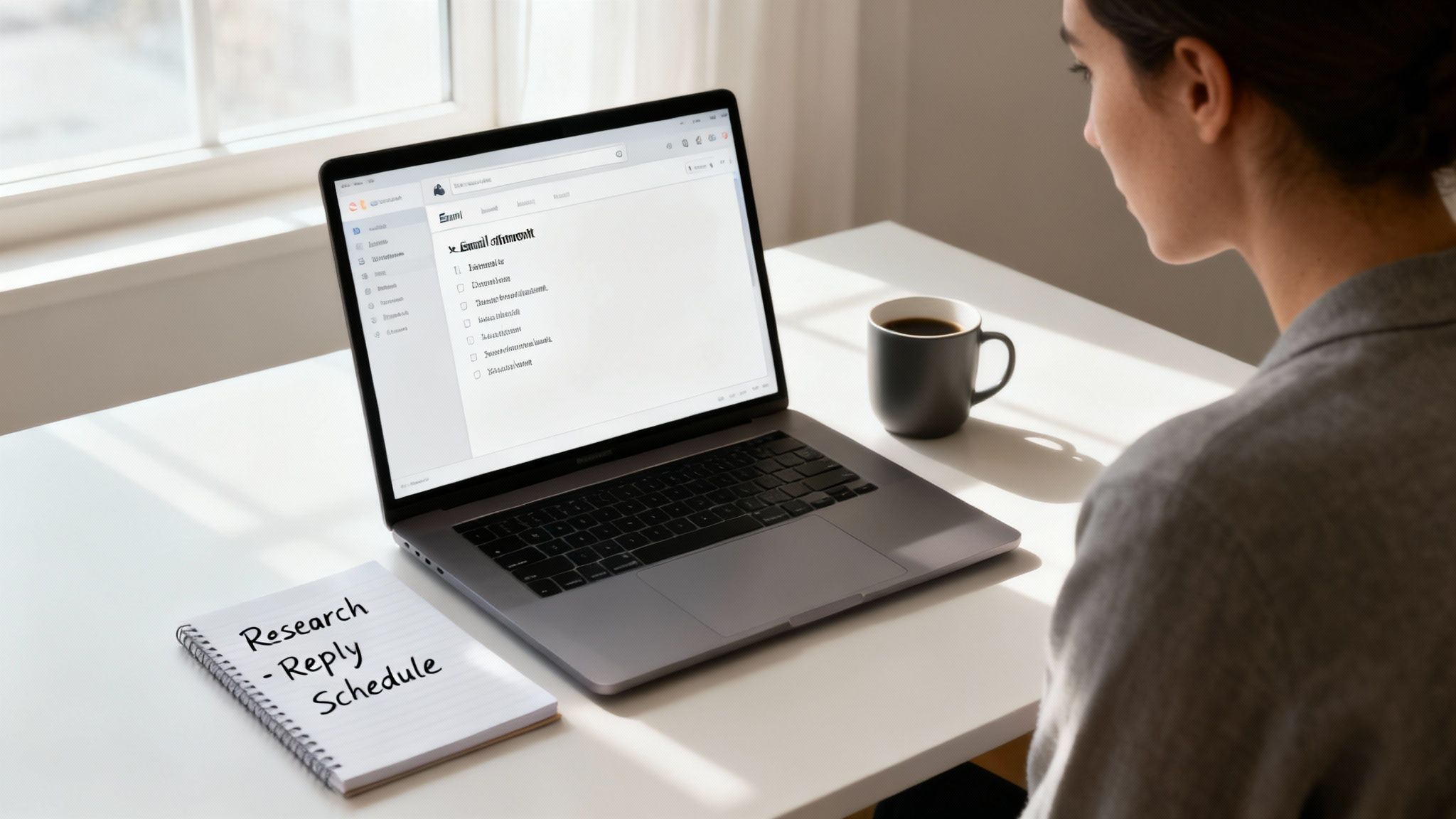 A person works on a laptop at a sunlit desk with a coffee mug and a 'Research - Reply Schedule' notebook, illustrating how to use AI for productivity.