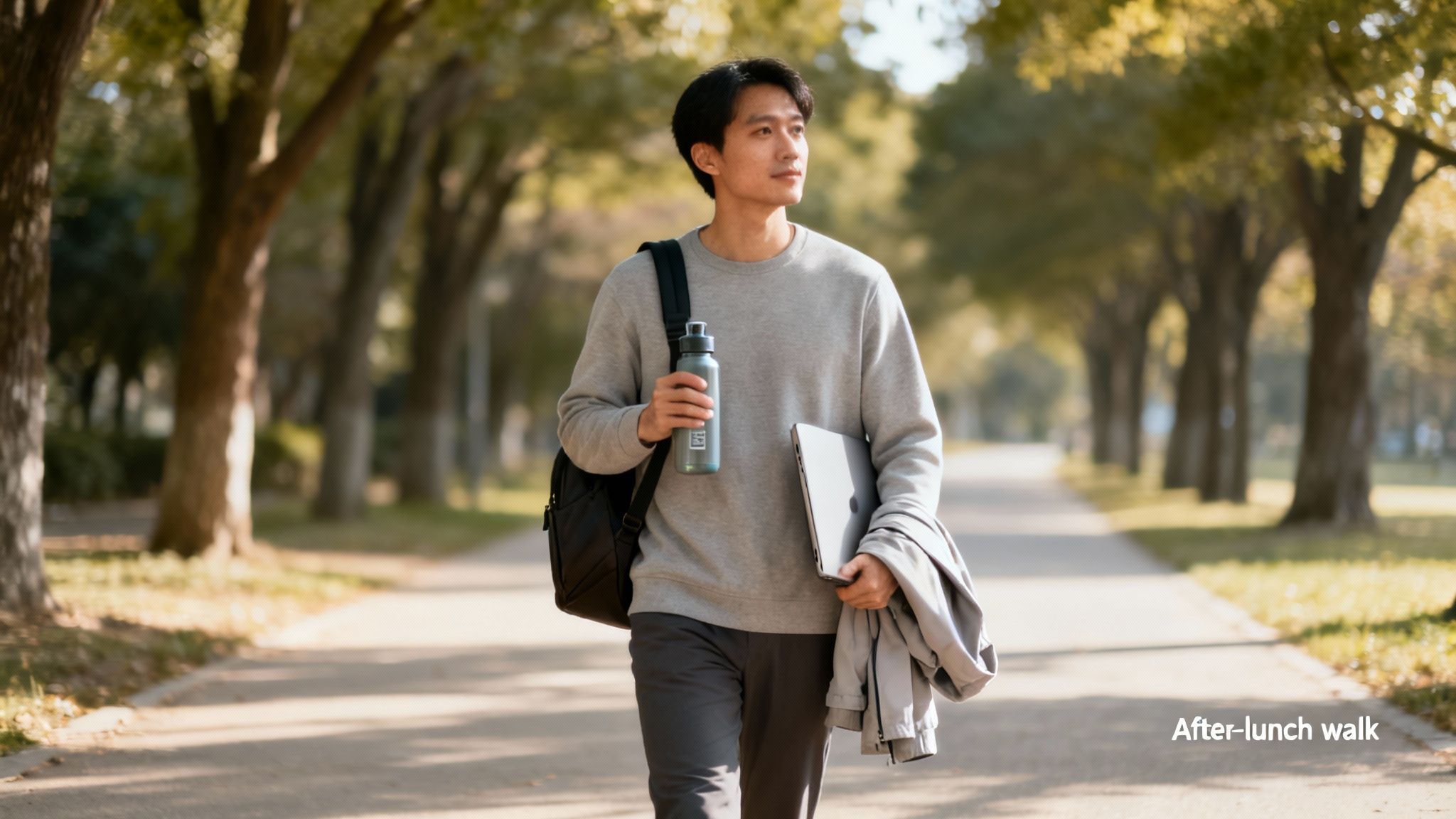 Young man walking outdoors with a water bottle and laptop, enjoying an after-lunch stroll while on his acid reflux diet.