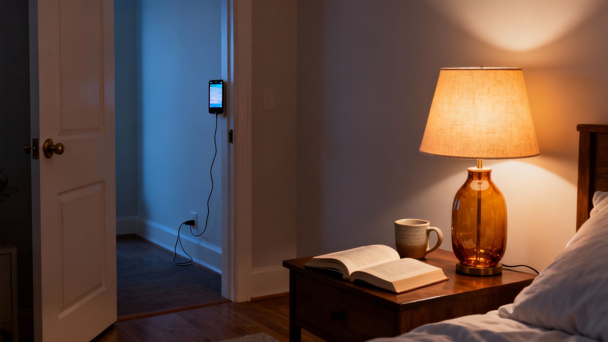 Ways to reduce screen time: a cozy bedroom scene at night with a warm lamp and a book on the nightstand, and a phone charging on the wall.