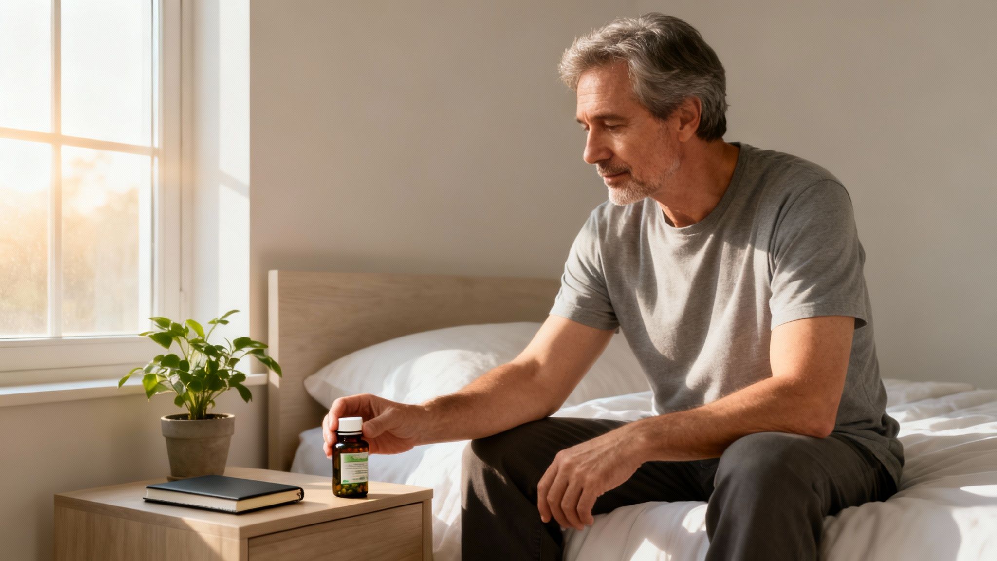A middle-aged man sits on a bed holding a ProstaVive supplement bottle in a sunny bedroom, highlighting daily prostate health support.