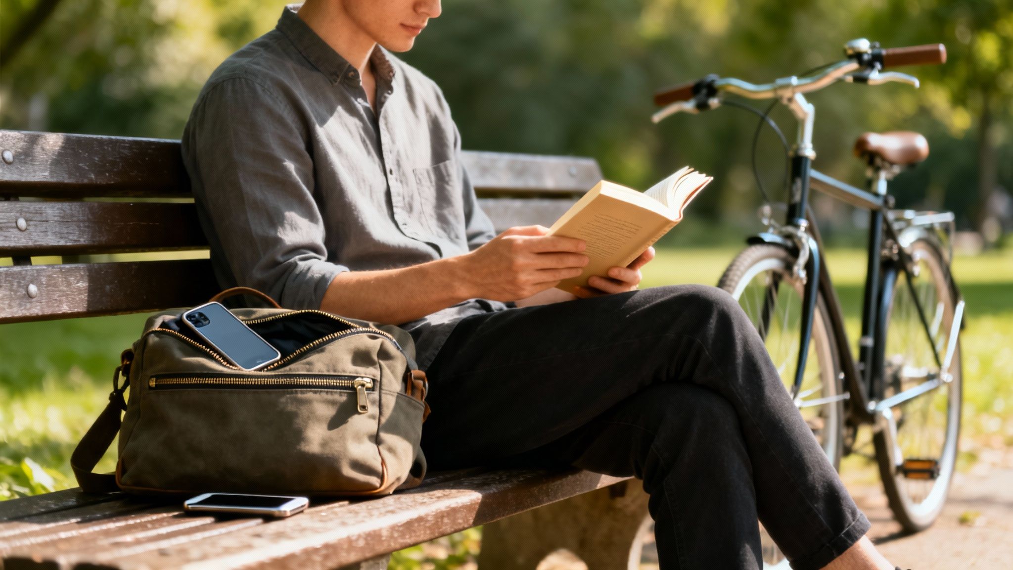 A person sits on a park bench, engrossed in a book, as one of the ways to reduce screen time during a technology fast.