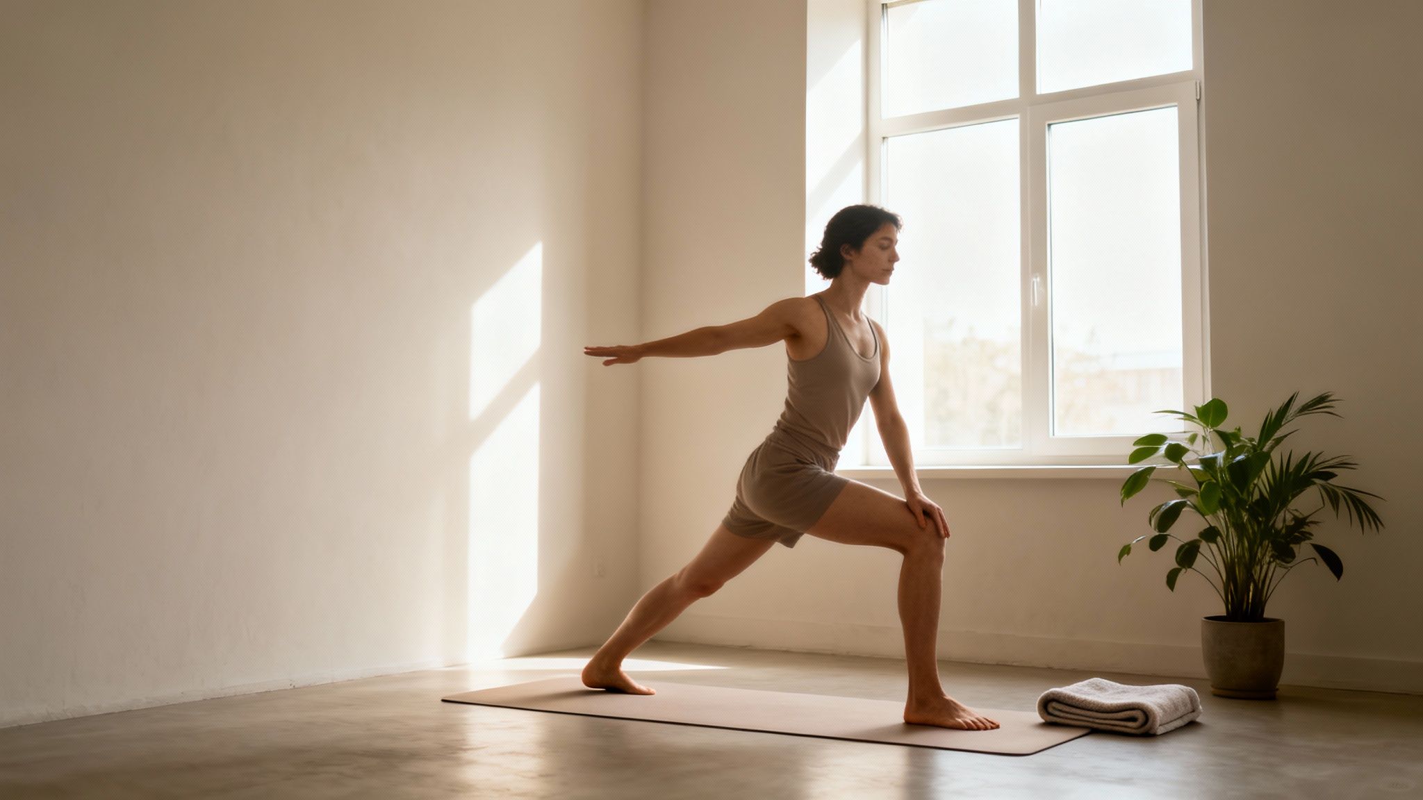 A young woman performs a yoga pose on a mat in a sunlit room, showcasing **burnout prevention strategies** through mindful movement and stress relief.