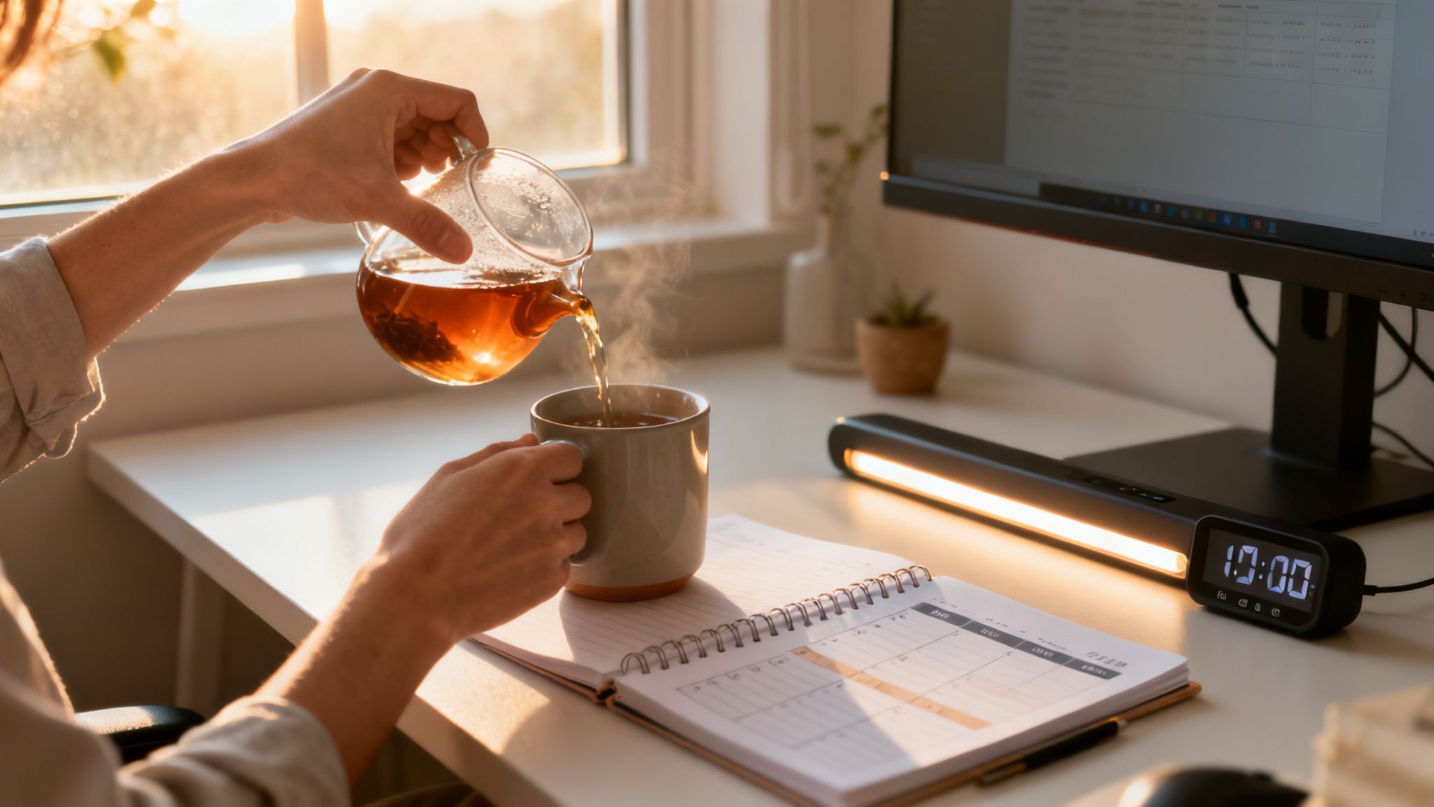 Person pouring hot tea into a mug on a desk beside a planner and computer monitor by a sunny window, setting up a calm space for how to do deep work.