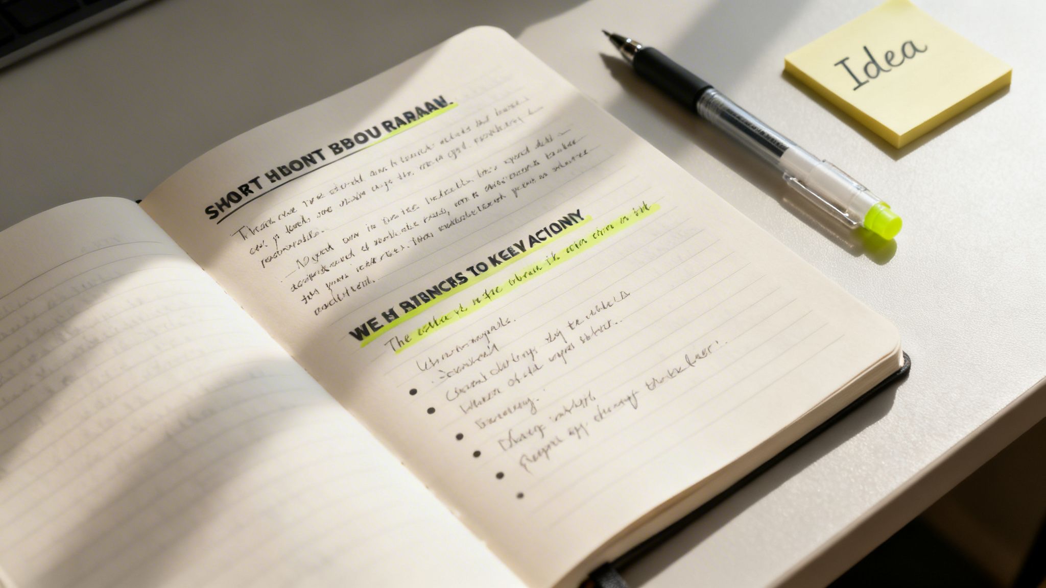 Second brain method shown in an open notebook with handwritten notes, a pen, and a yellow “Idea” sticky note.