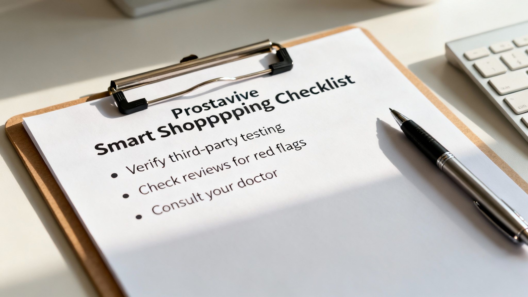 prostavive amazon: Prostavive smart shopping checklist on a clipboard with a pen, outlining steps for smart product buying