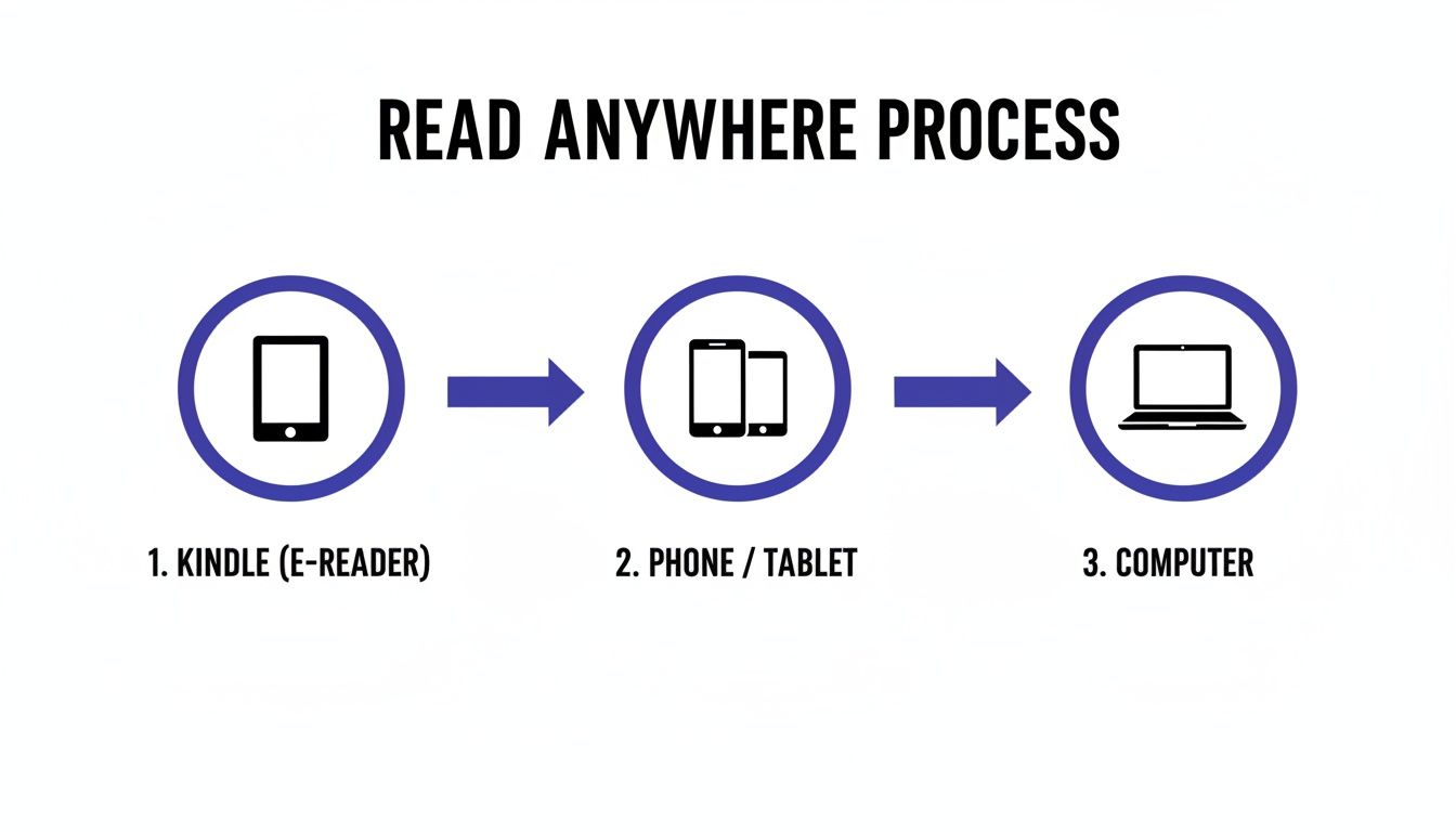 Diagram illustrating the 'Read Anywhere Process' across Kindle e-reader, phone/tablet, and computer devices, an example of how to find Kindle books in Amazon.