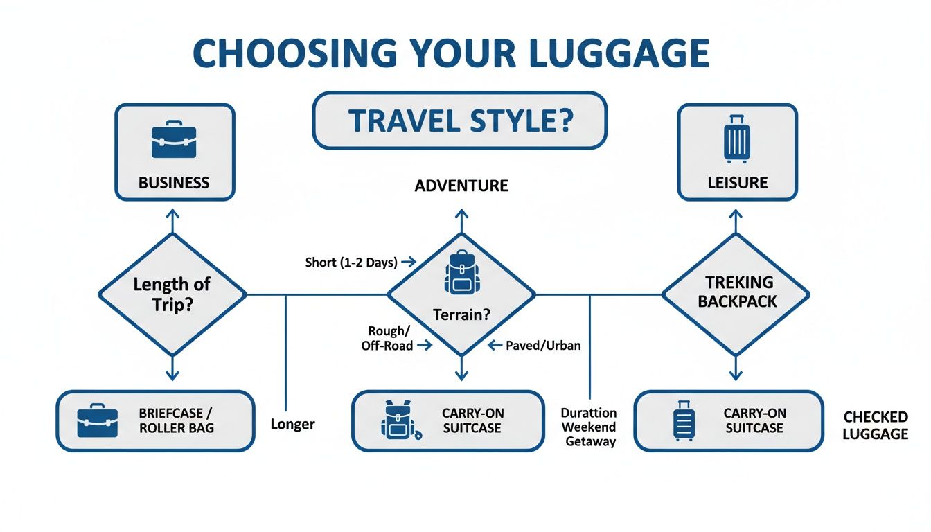 Flowchart illustrating luggage choice based on travel style, trip duration, and terrain.