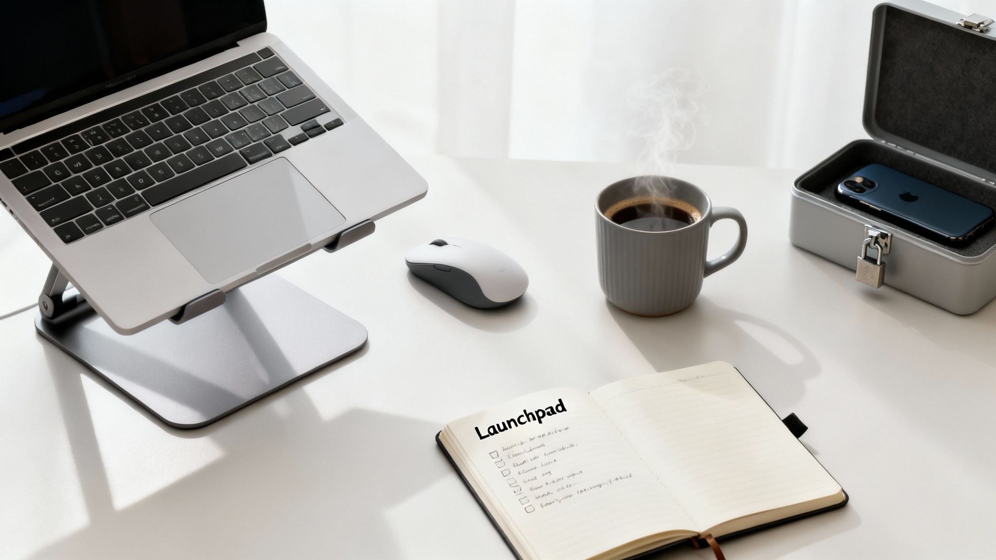 How to organize your thoughts with a minimalist workspace featuring a laptop on a stand, coffee, a mouse, and a notebook for planning and organizing tasks.