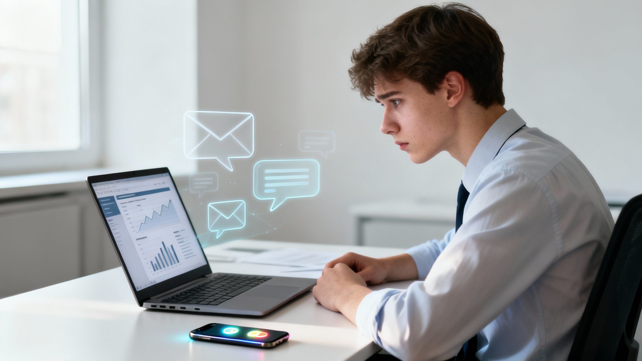 A focused young man in a shirt and tie looks at a laptop with digital communication icons, representing the challenge of maintaining focus at work.