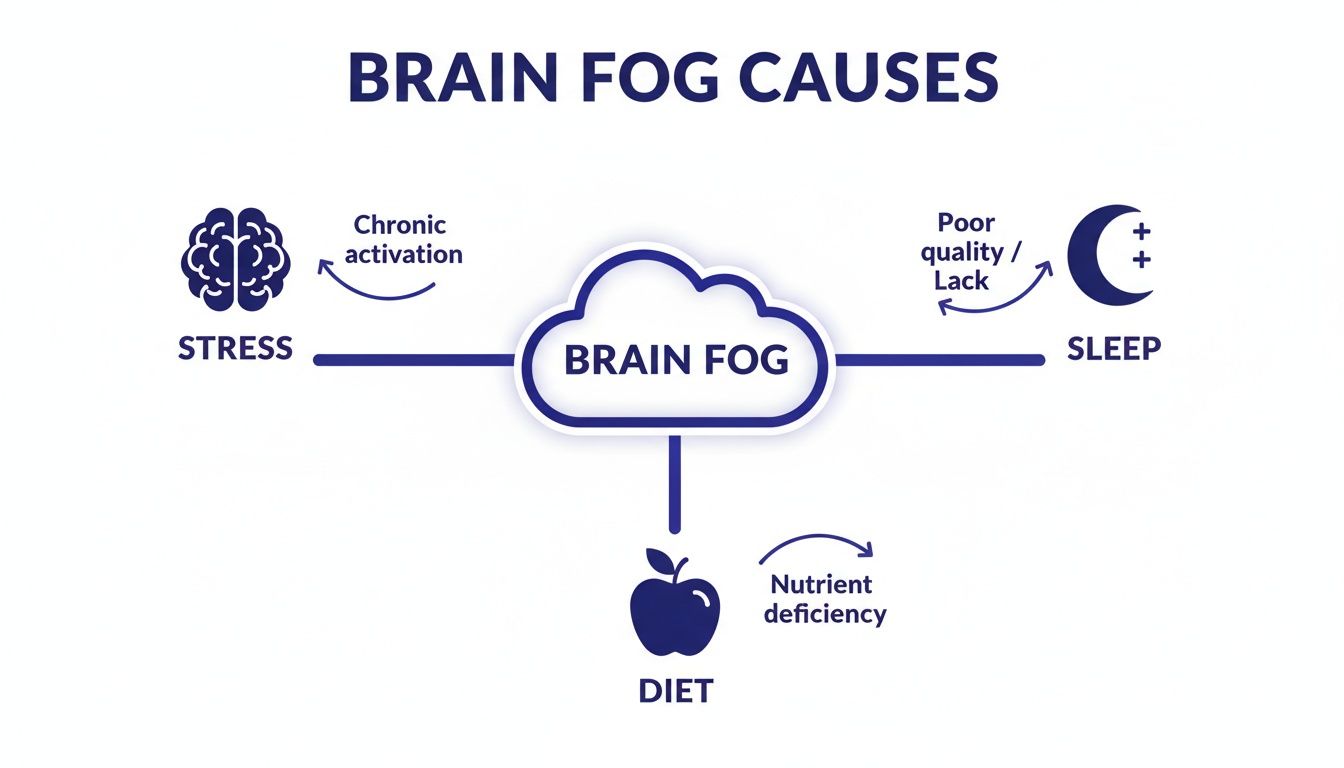 Diagram illustrating the main causes of brain fog: stress, poor sleep, and nutrient deficiency.