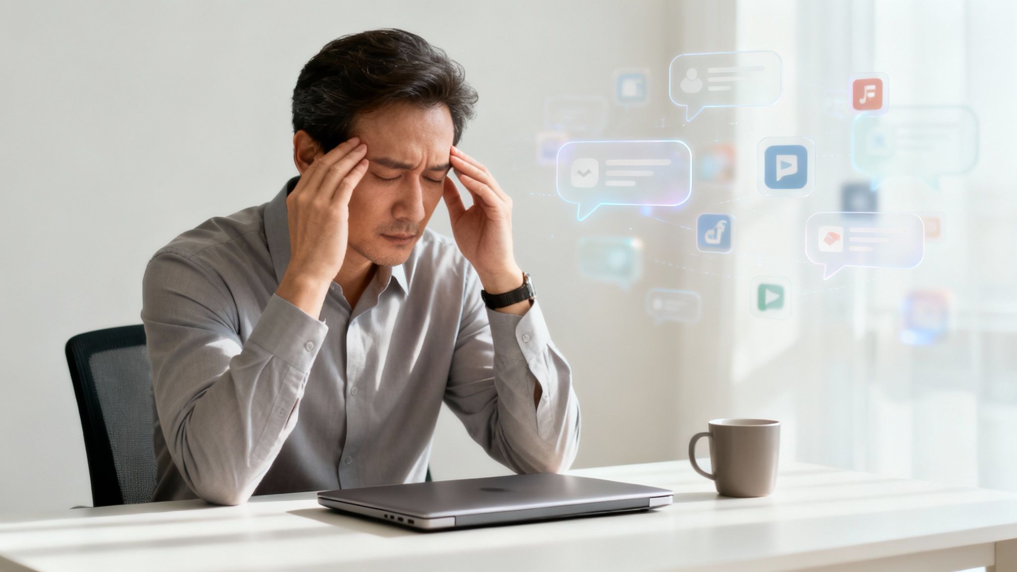 A stressed man holds his head in front of a laptop as digital notification icons swirl around him, showing the mental overload that makes **how to reset your brain** essential.