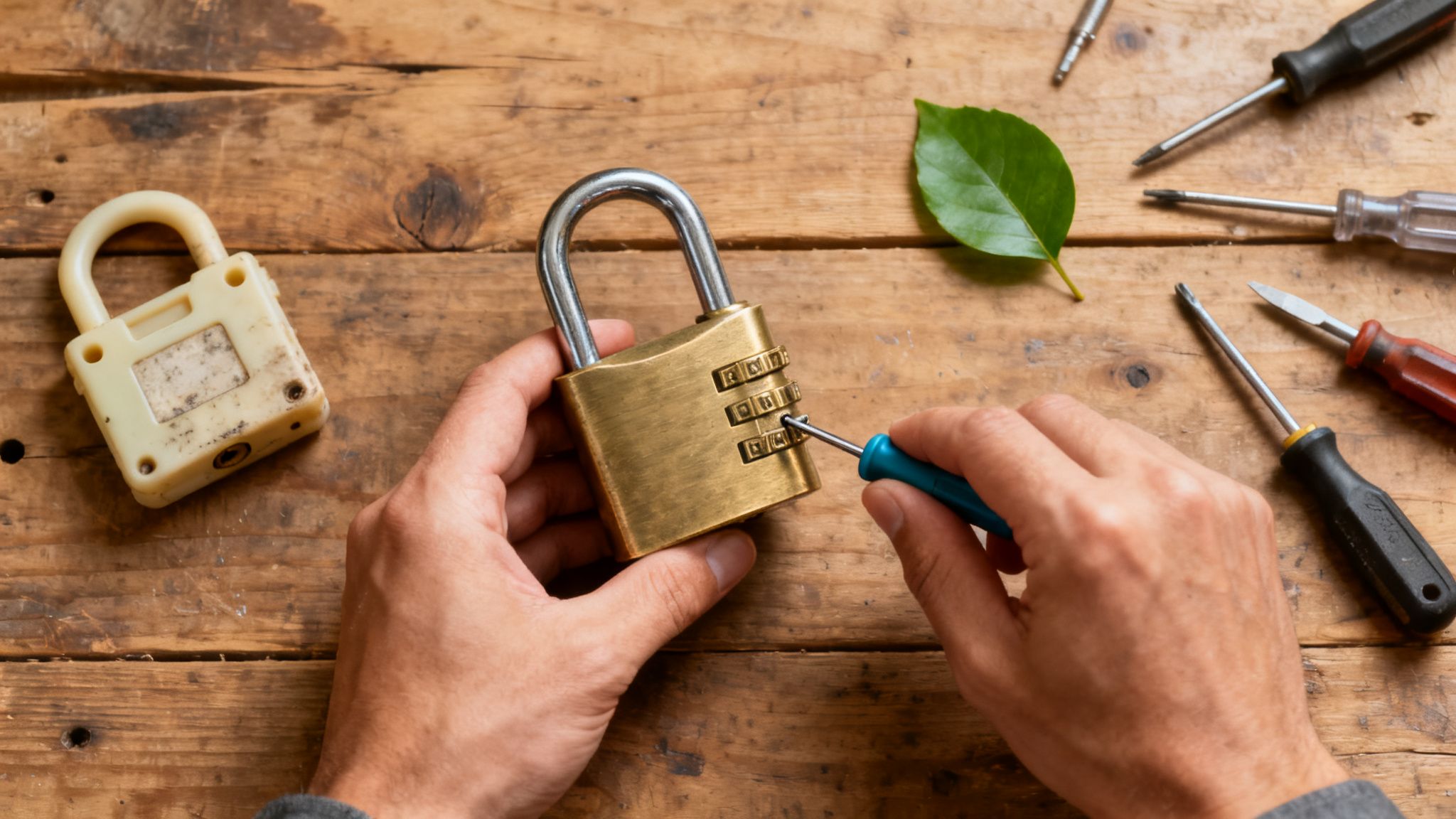 Hands adjust a brass combination padlock with a screwdriver on a wooden workbench, showing how to set up the best luggage lock for secure travel.