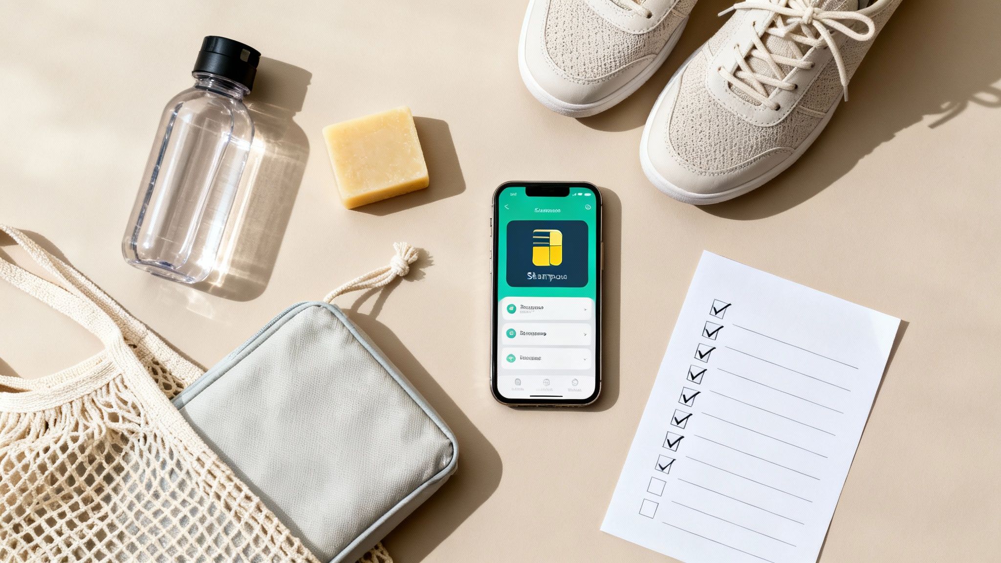 What is sustainable travel essentials laid out flat: reusable bottle, bar soap, smartphone, sneakers, and a travel checklist.