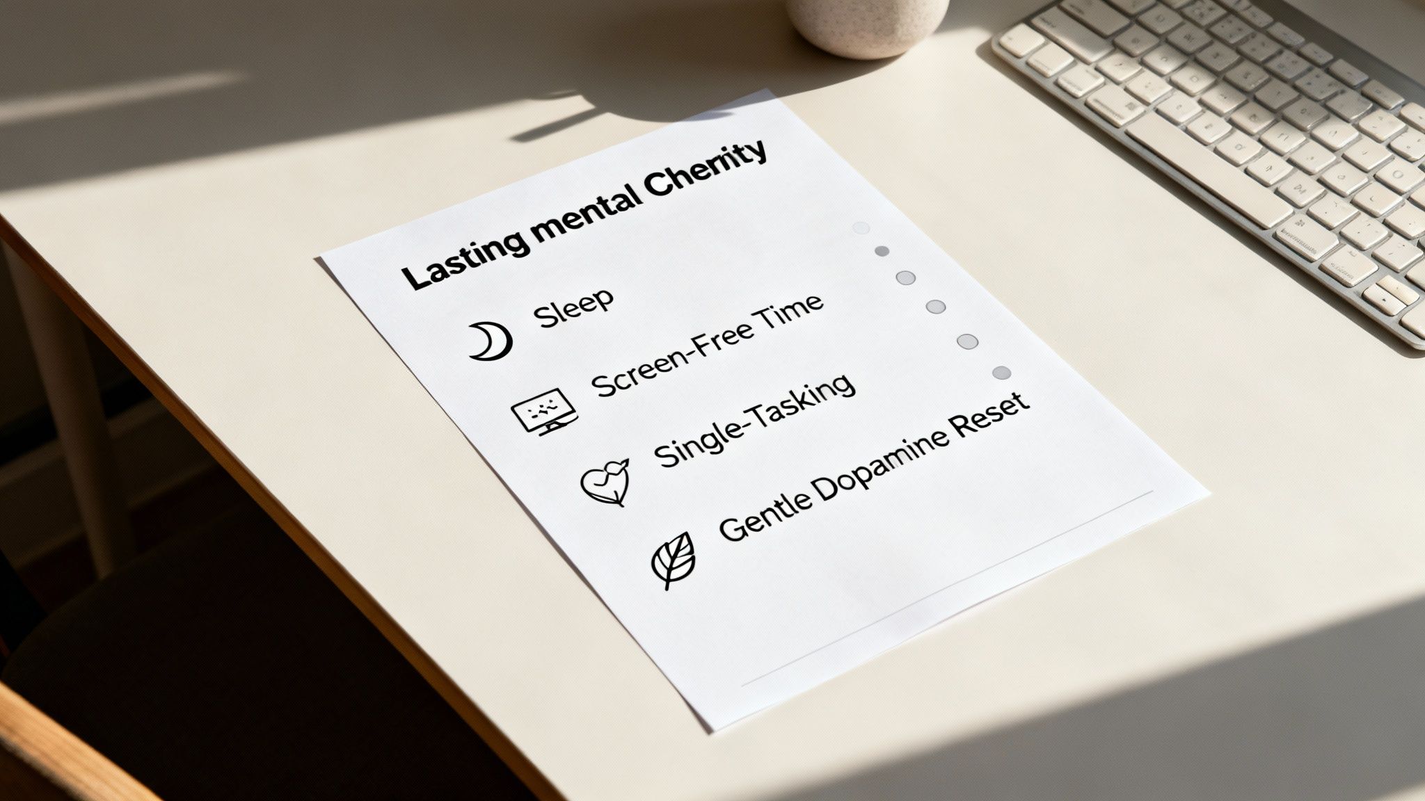 A checklist on a desk provides tips for lasting mental clarity, including sleep and screen-free time to improve clarity mental health.