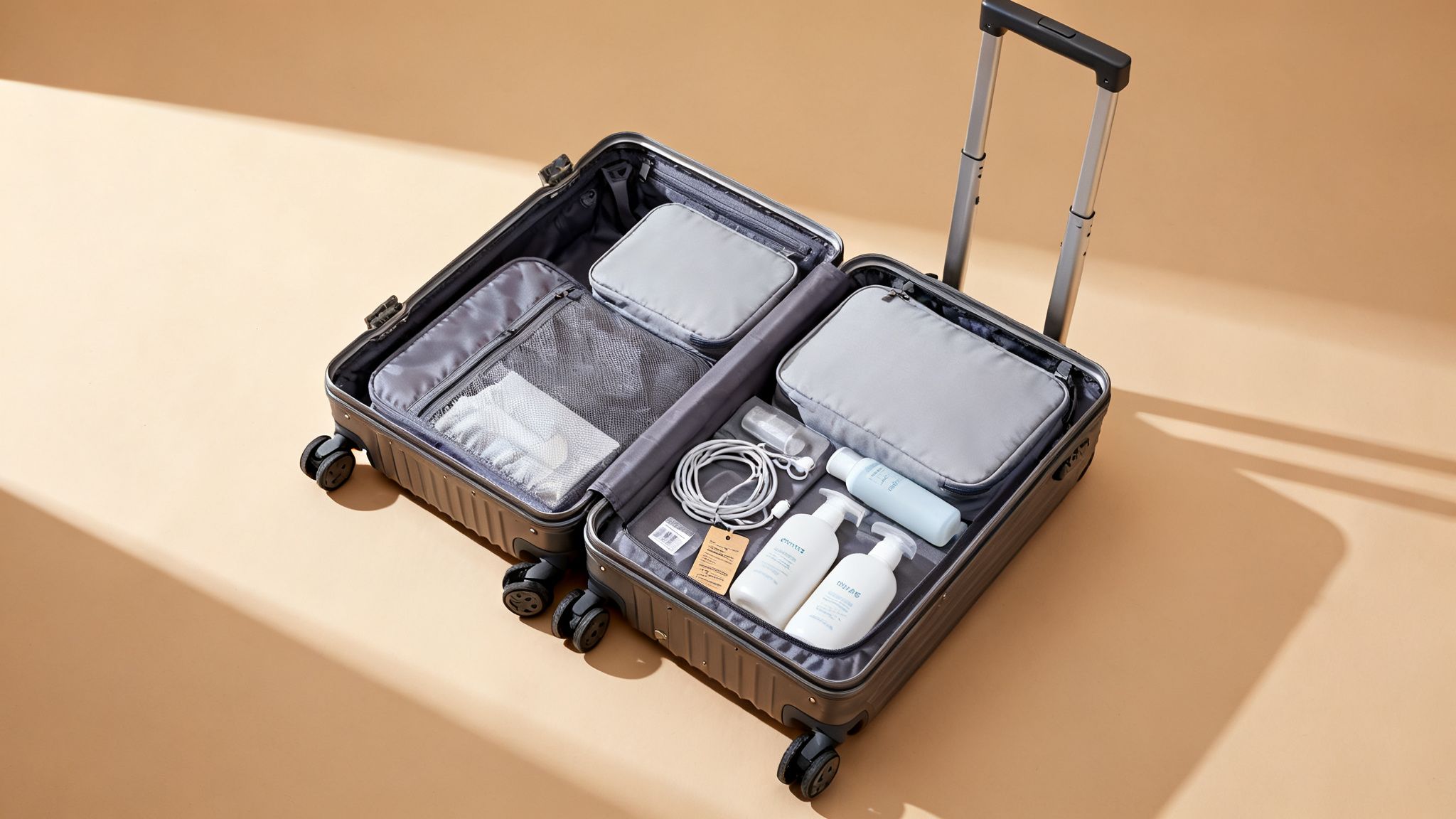 Best affordable carry on luggage shown as an open grey carry-on suitcase neatly packed with packing cubes, toiletries, and electronics for travel.