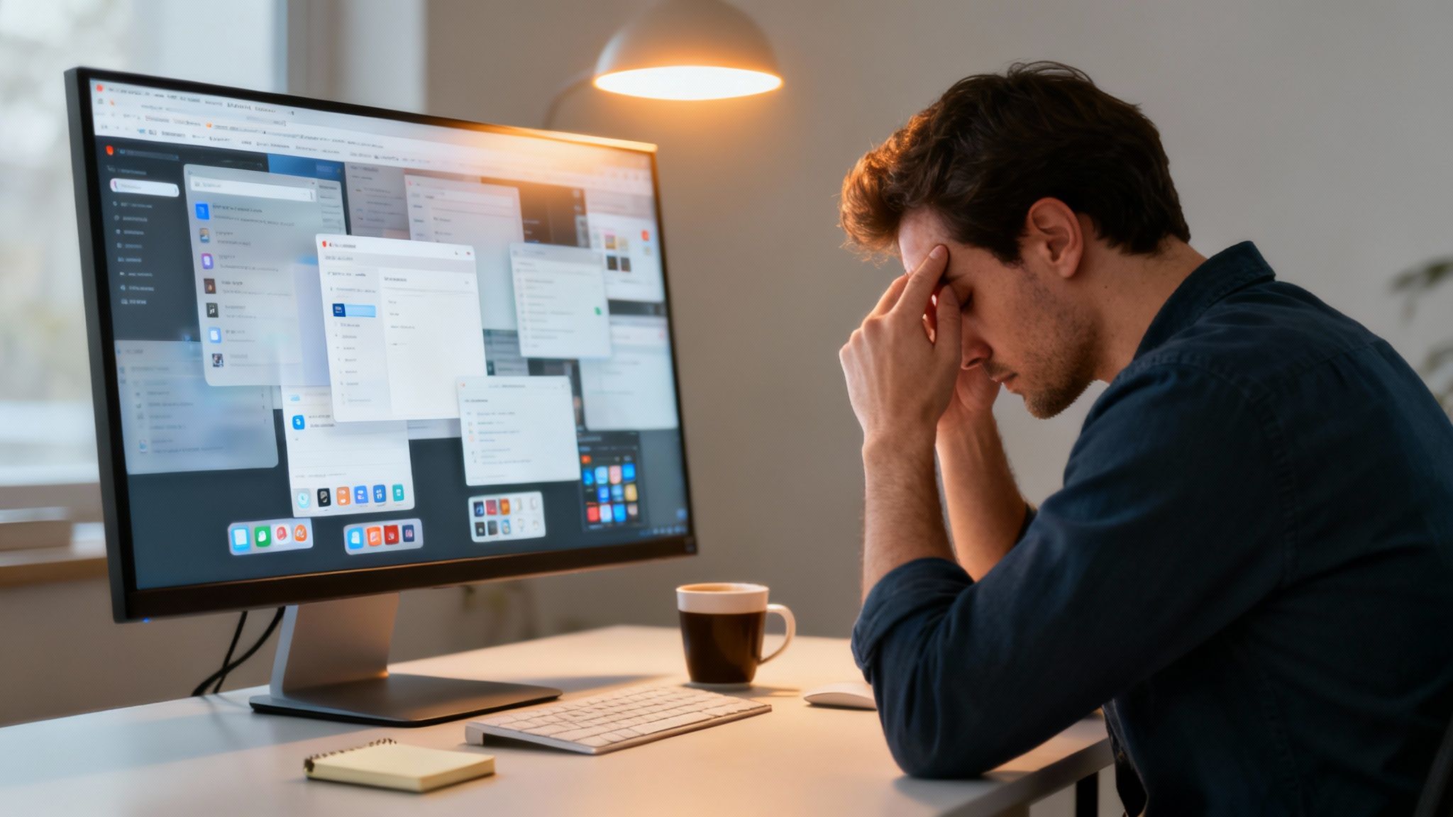 A stressed man holding his head at a desk with a computer showing many open windows, symbolizing what causes brain fog.