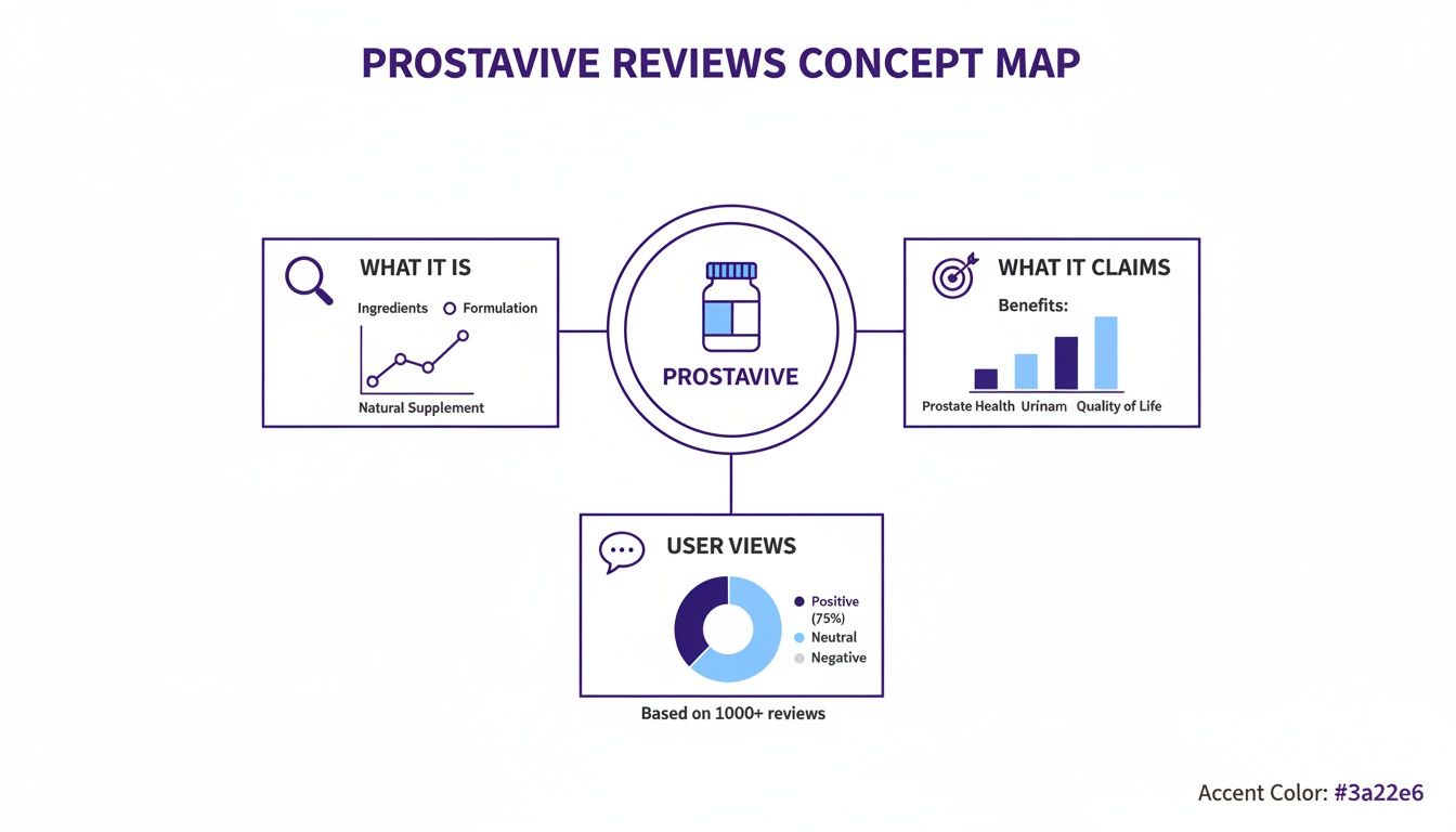 Prostavive reviews concept map showing what it is, its claims, and user views.