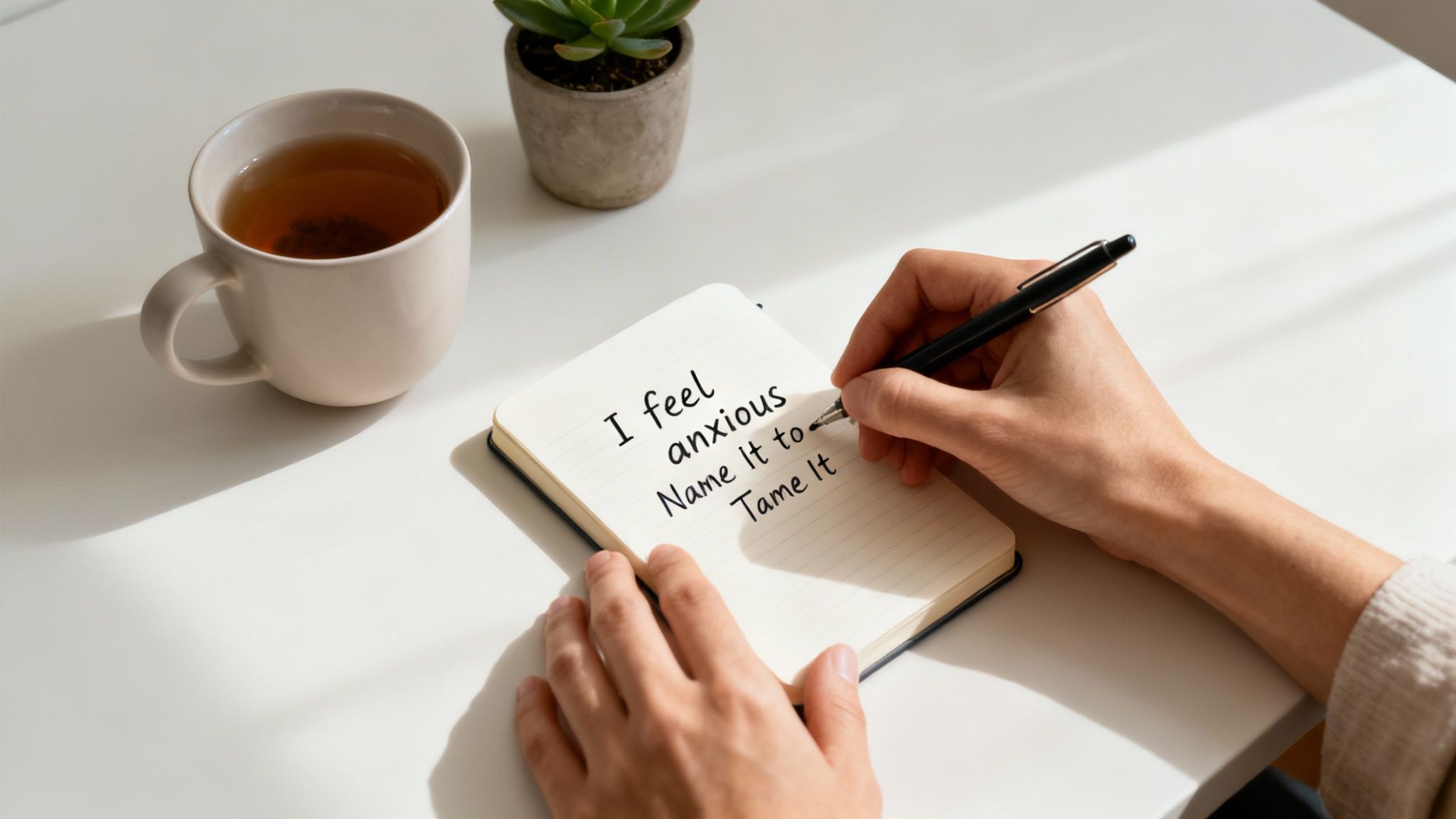 how to stop procrastinating: hands writing “I feel anxious — name it to tame it” in a notebook on a white desk with a cup of tea