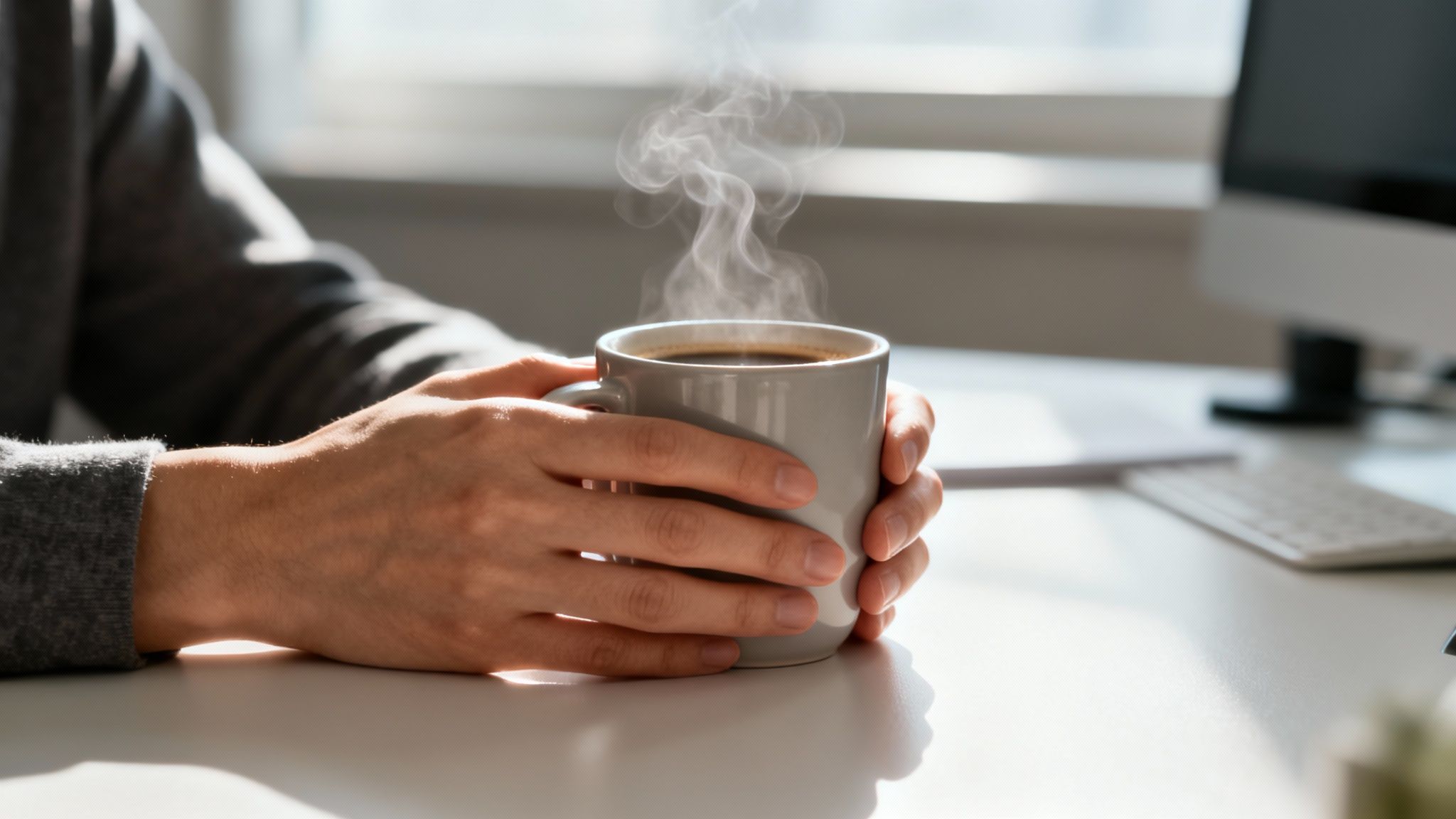 Hands holding a steaming mug of hot black coffee on a white desk, an example of how to be present in small moments.