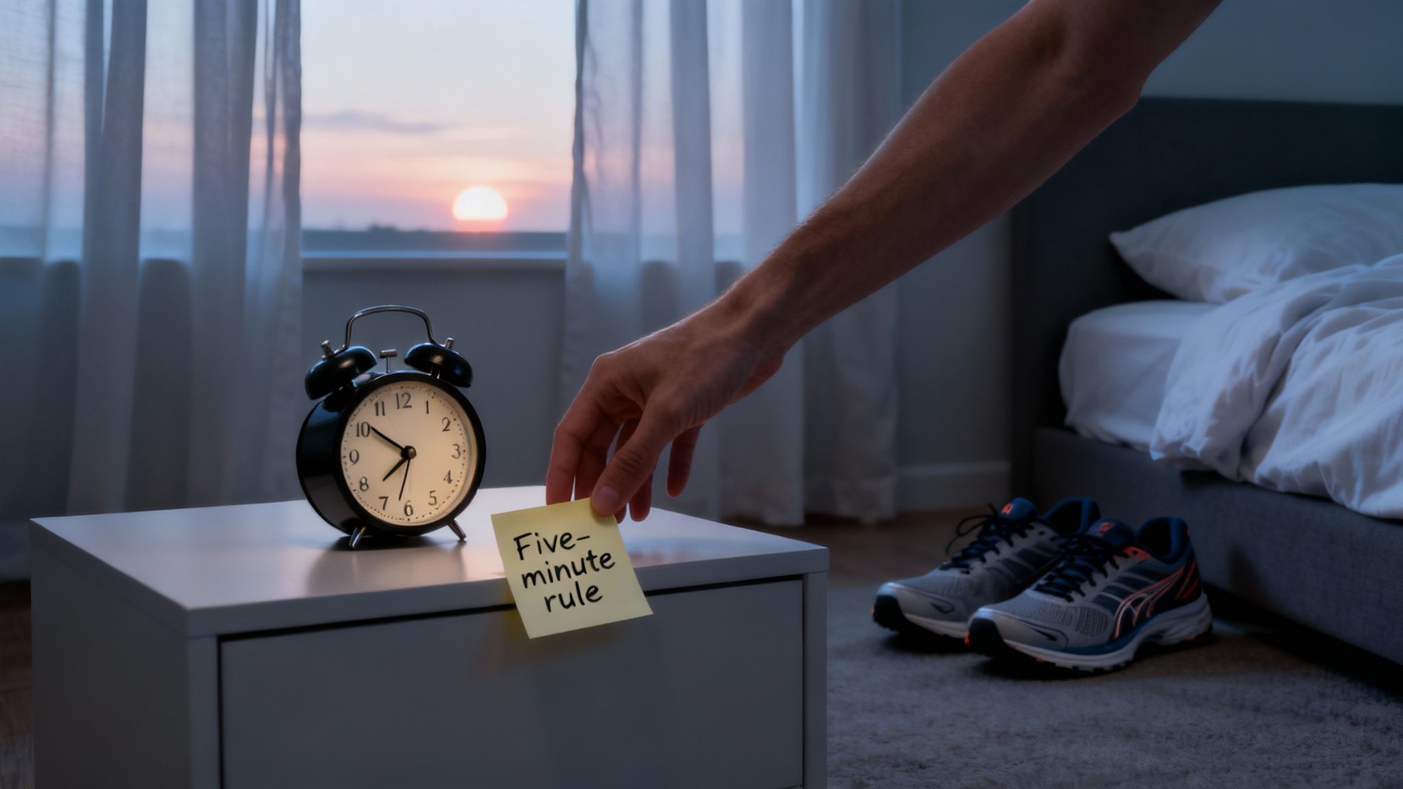Early morning exercise — hand places “Five-minute rule” note beside an alarm clock, with running shoes ready.