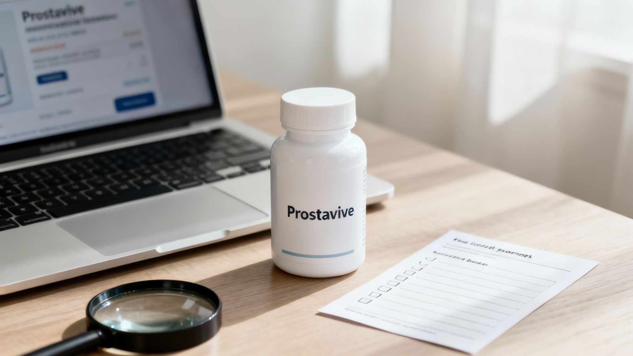 prostavive amazon: Prostavive supplement bottle on a desk beside a laptop, magnifying glass, and a checklist