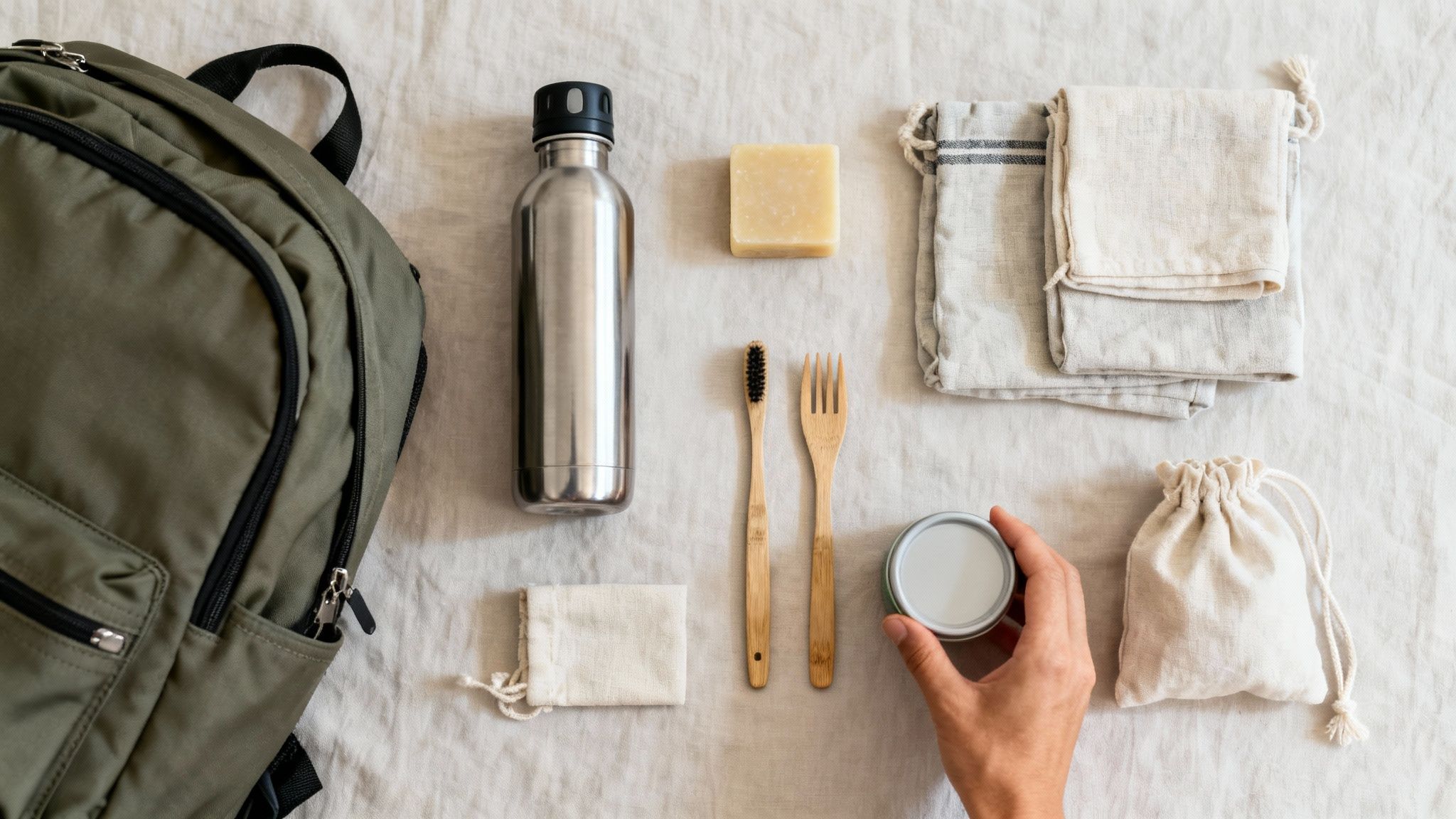 Eco Nomad Travel eco-friendly-travel-essentials-flatlay Eco Friendly Travel: A Guide to Sustainable Journeys