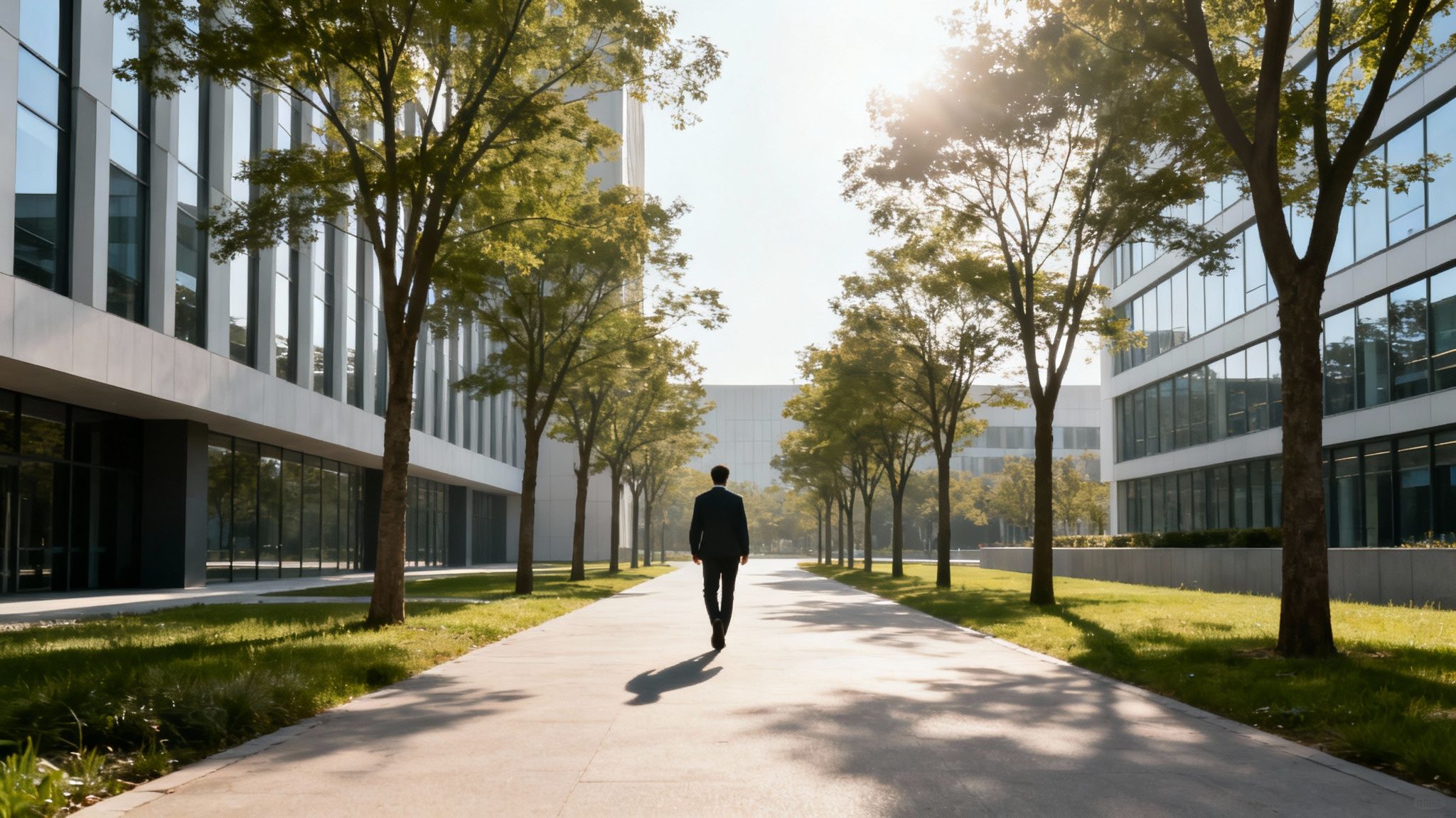 How to increase productivity at work: a man in a suit walks down a sunlit path between modern office buildings with trees.