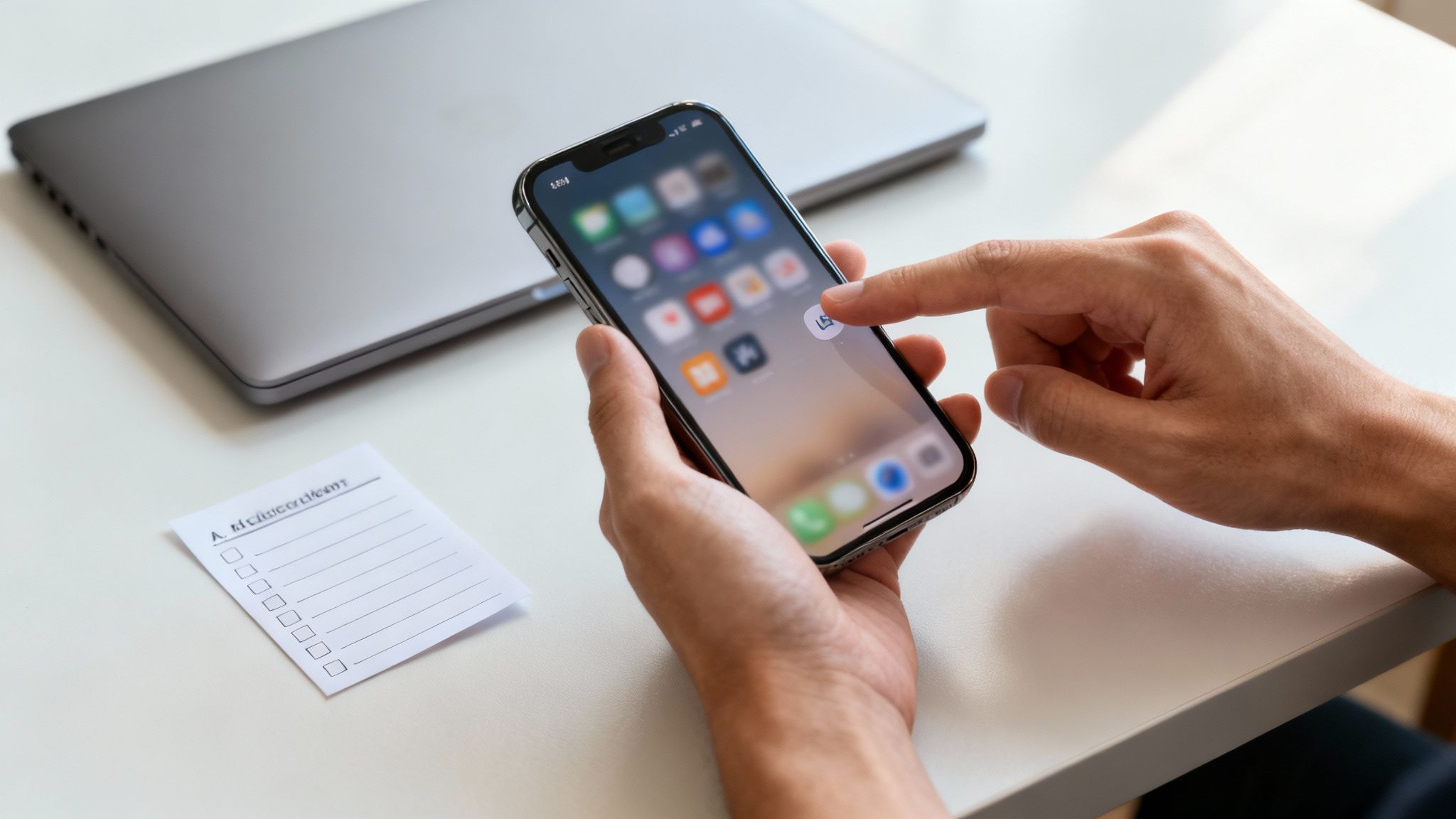 Hands interacting with a smartphone to show how to quit social media.