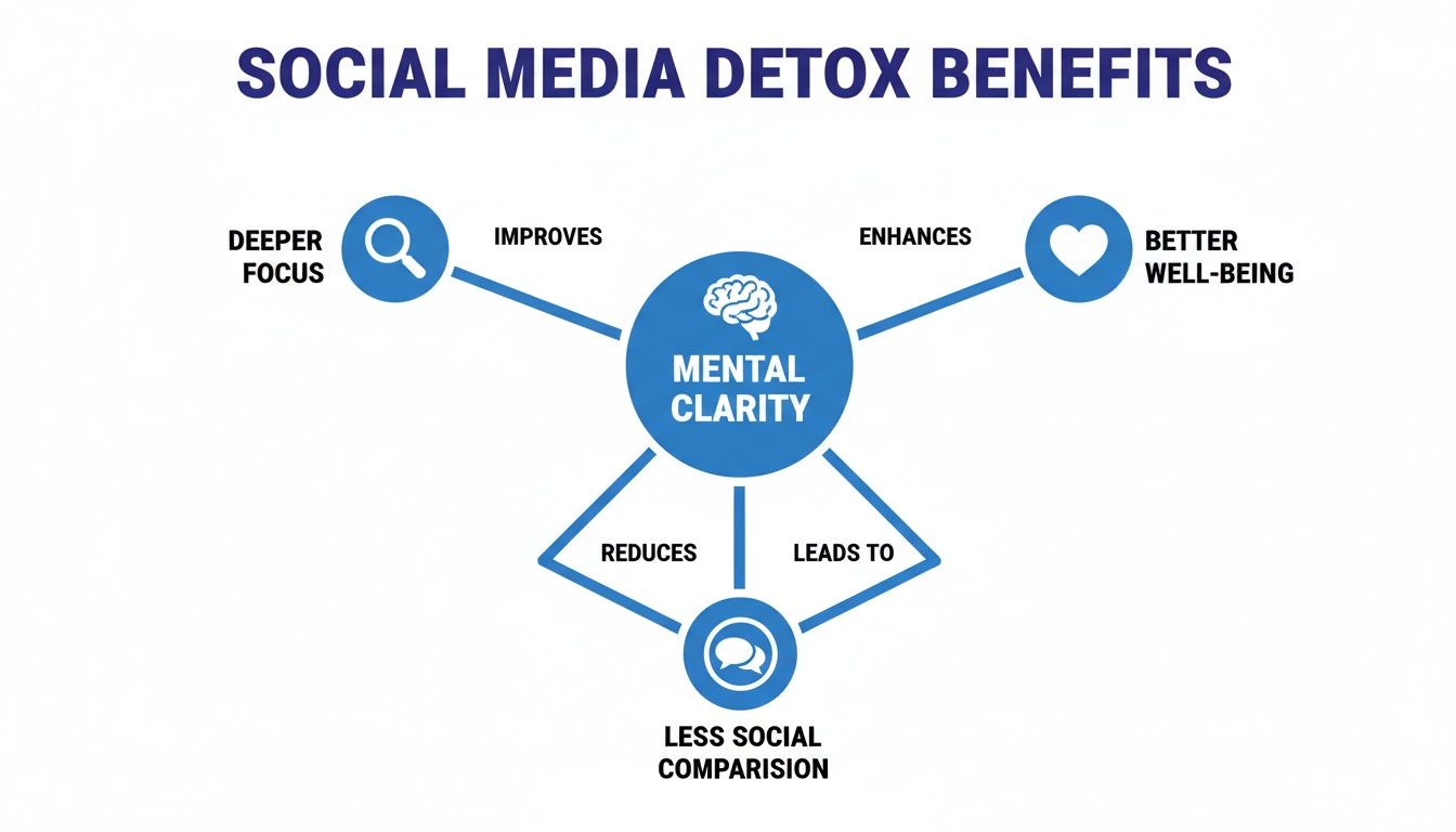 A diagram illustrating social media detox benefits, showing mental clarity improves focus, enhances well-being, and reduces social comparison.