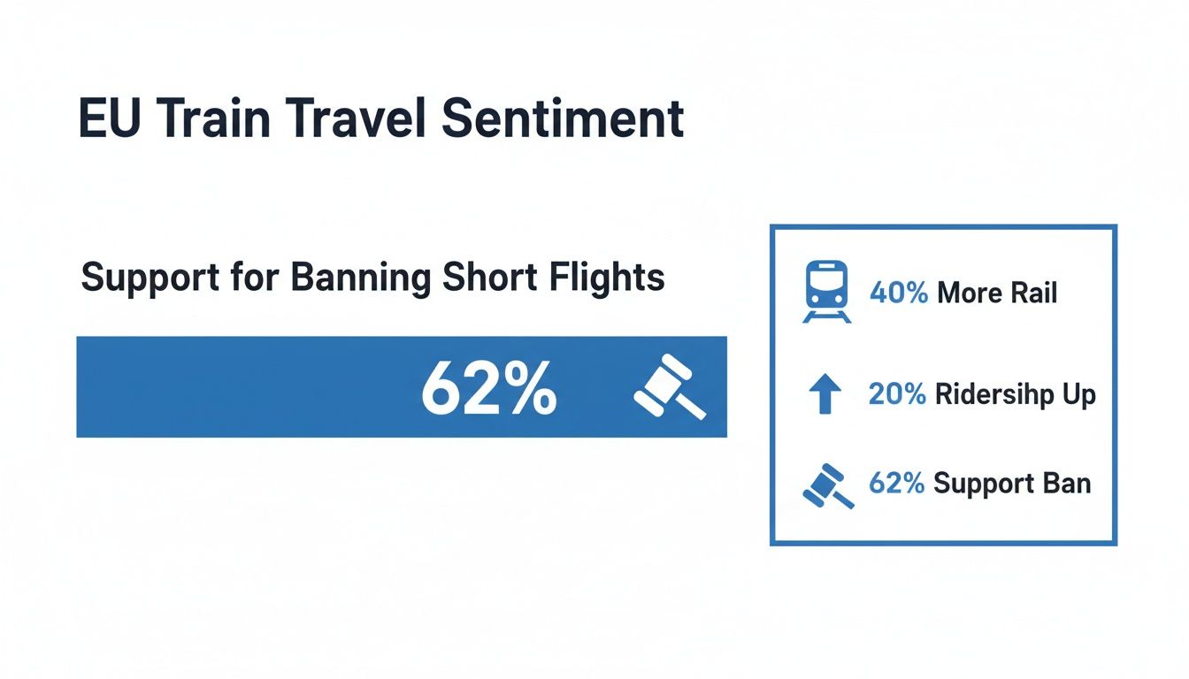 A slide presenting EU train travel sentiment, showing 62% support for banning short flights and increased rail usage.