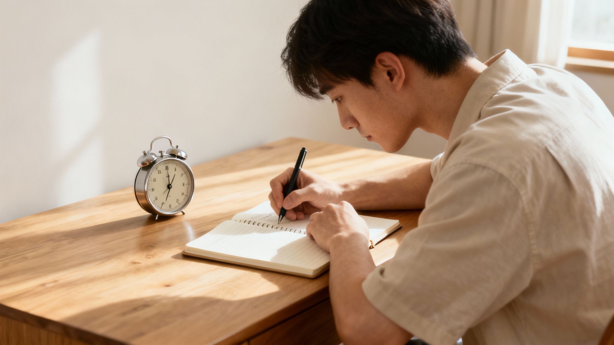 A young person resets their focus by writing in a notebook at a wooden desk beside an alarm clock, illustrating **how to reset your brain** with a simple daily ritual.